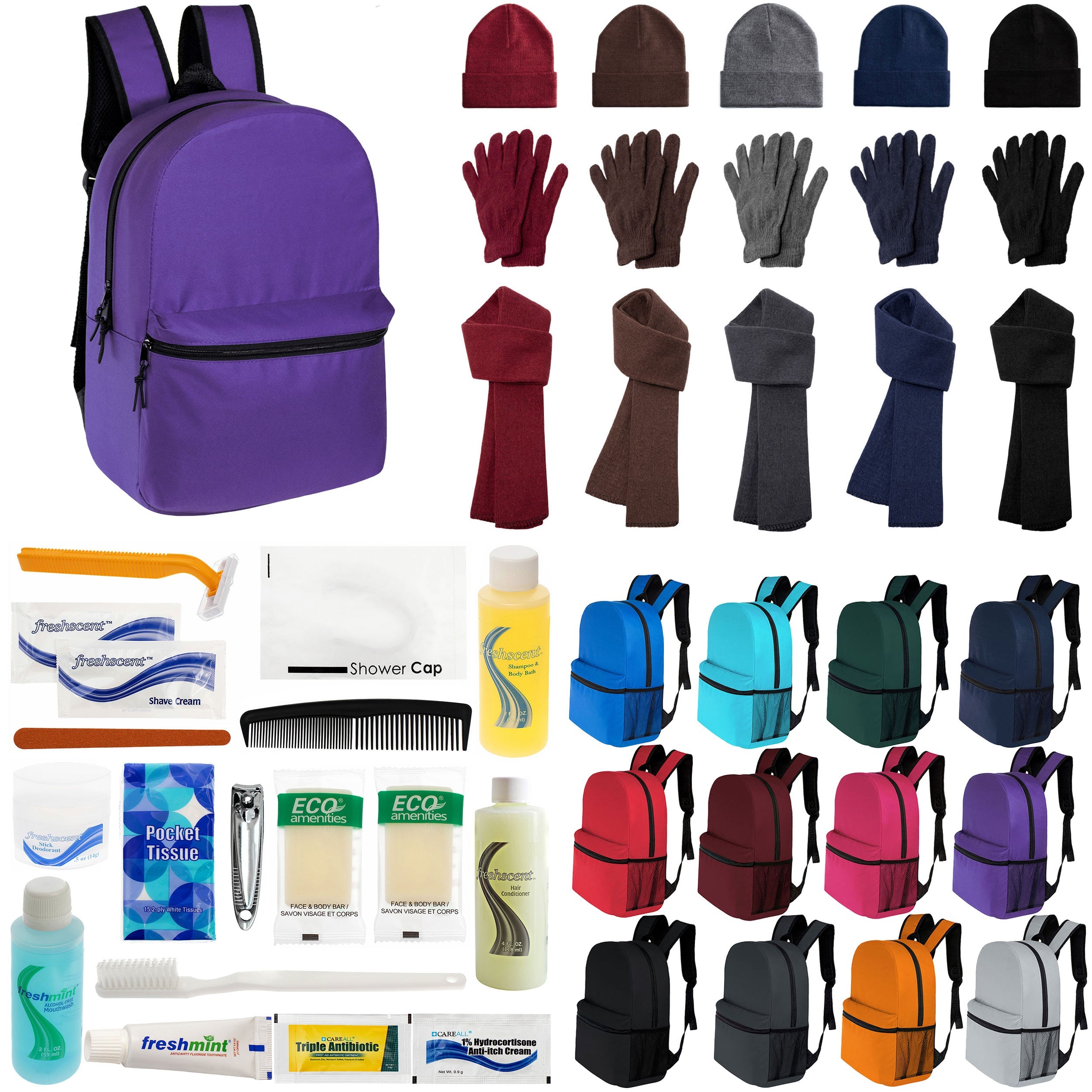 12 Classic 16" Backpacks in 12 Colors, 12 Winter Item Sets & Your Choice of 12 Bulk Hygiene Kits - Wholesale Homeless Care Package