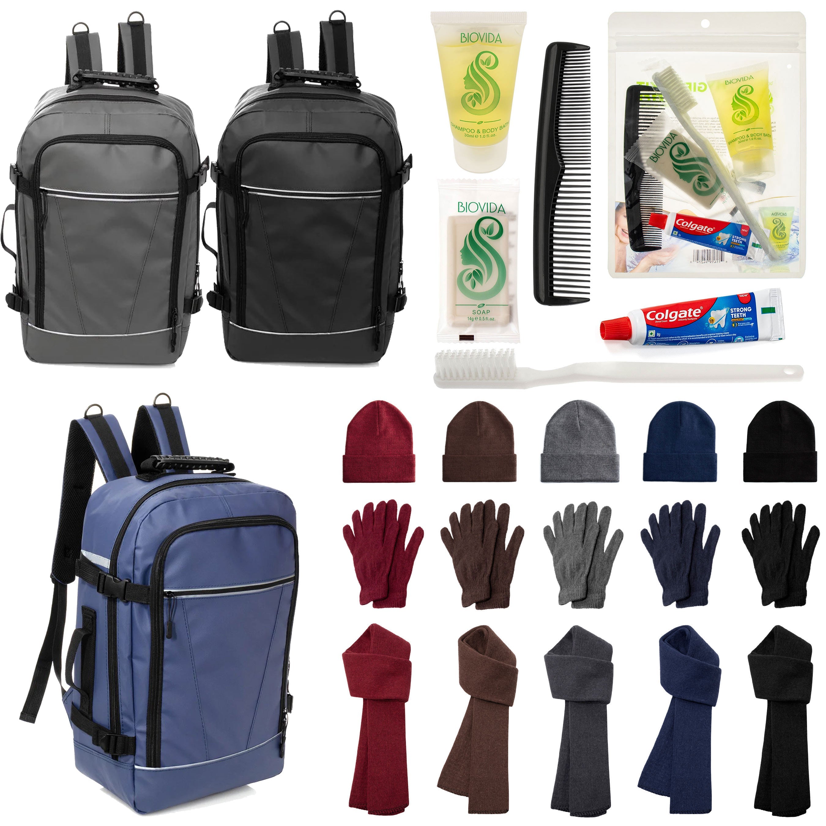 12 Travel 18" Backpacks, 12 Winter Item Sets & Your Choice of 12 Bulk Hygiene Kits - Wholesale Homeless Care Package