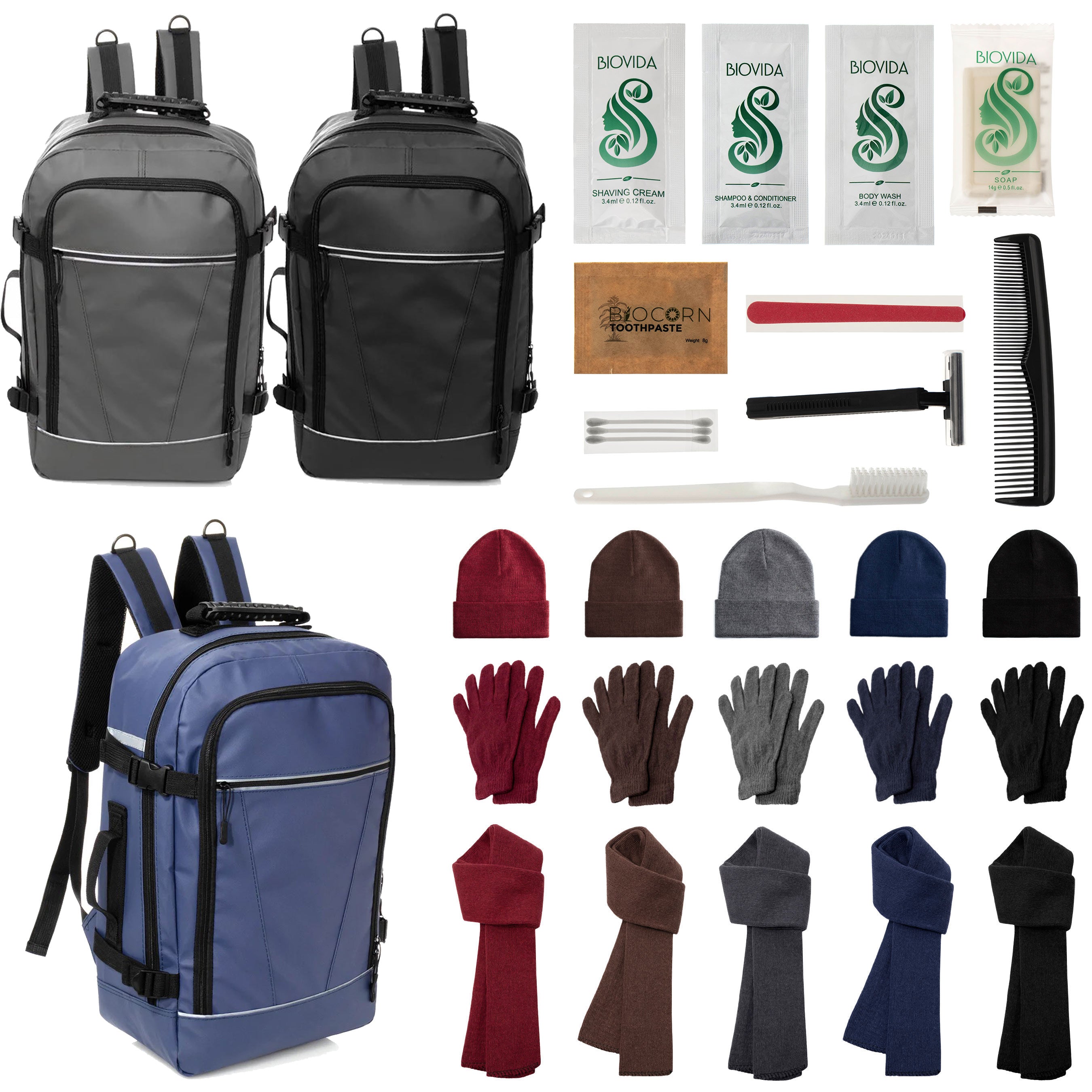 12 Travel 18" Backpacks, 12 Winter Item Sets & Your Choice of 12 Bulk Hygiene Kits - Wholesale Homeless Care Package