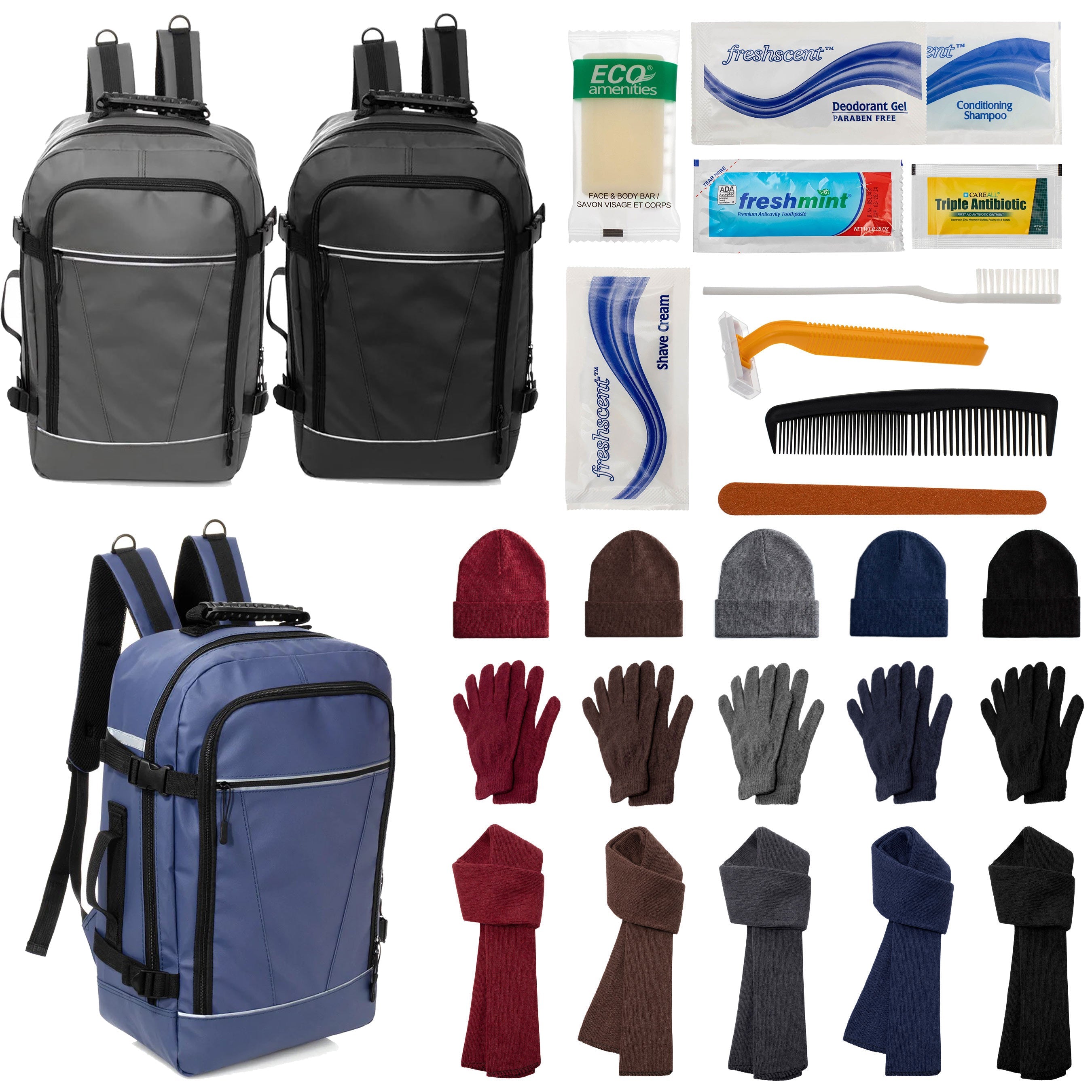 12 Travel 18" Backpacks, 12 Winter Item Sets & Your Choice of 12 Bulk Hygiene Kits - Wholesale Homeless Care Package