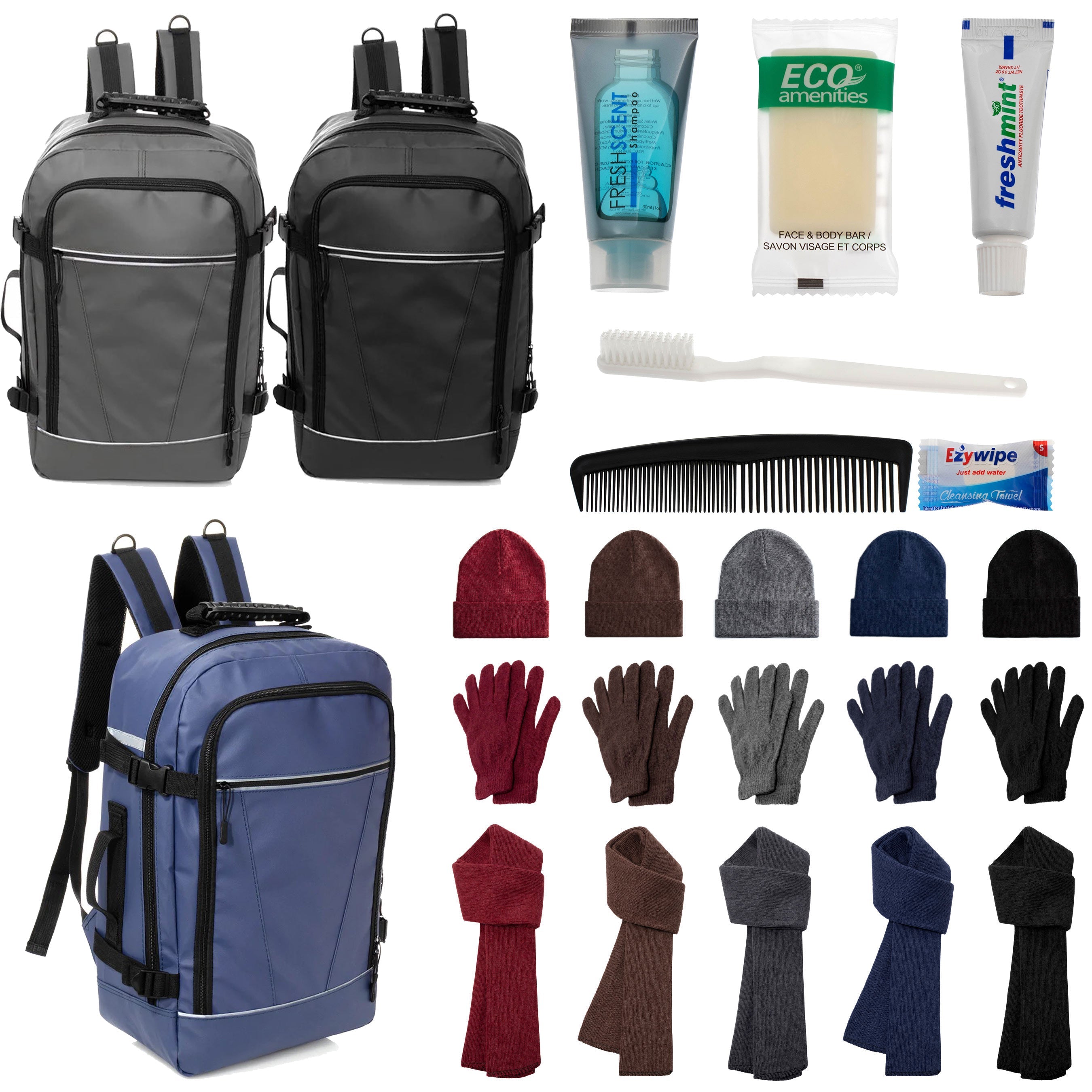 12 Travel 18" Backpacks, 12 Winter Item Sets & Your Choice of 12 Bulk Hygiene Kits - Wholesale Homeless Care Package