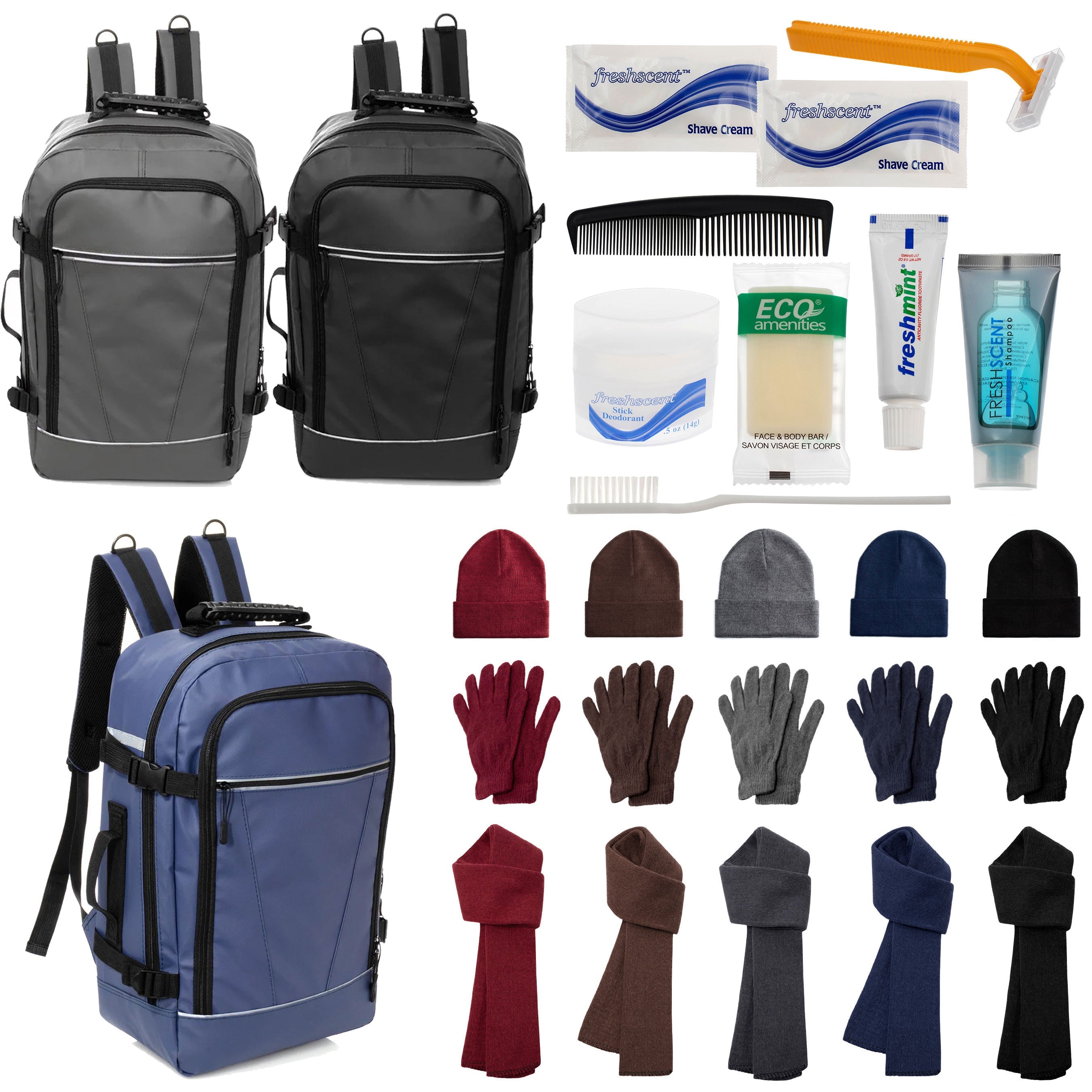 12 Travel 18" Backpacks, 12 Winter Item Sets & Your Choice of 12 Bulk Hygiene Kits - Wholesale Homeless Care Package