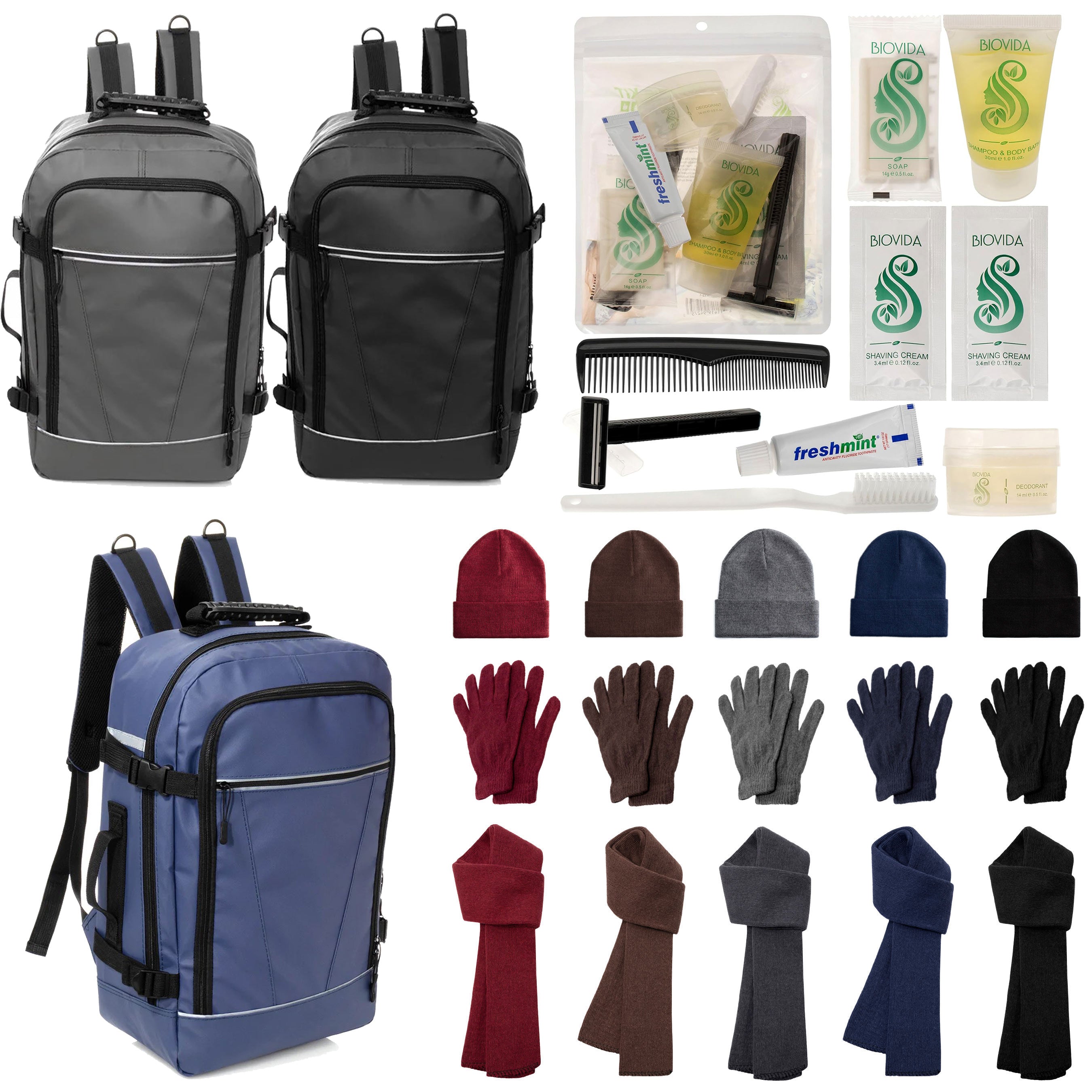 12 Travel 18" Backpacks, 12 Winter Item Sets & Your Choice of 12 Bulk Hygiene Kits - Wholesale Homeless Care Package