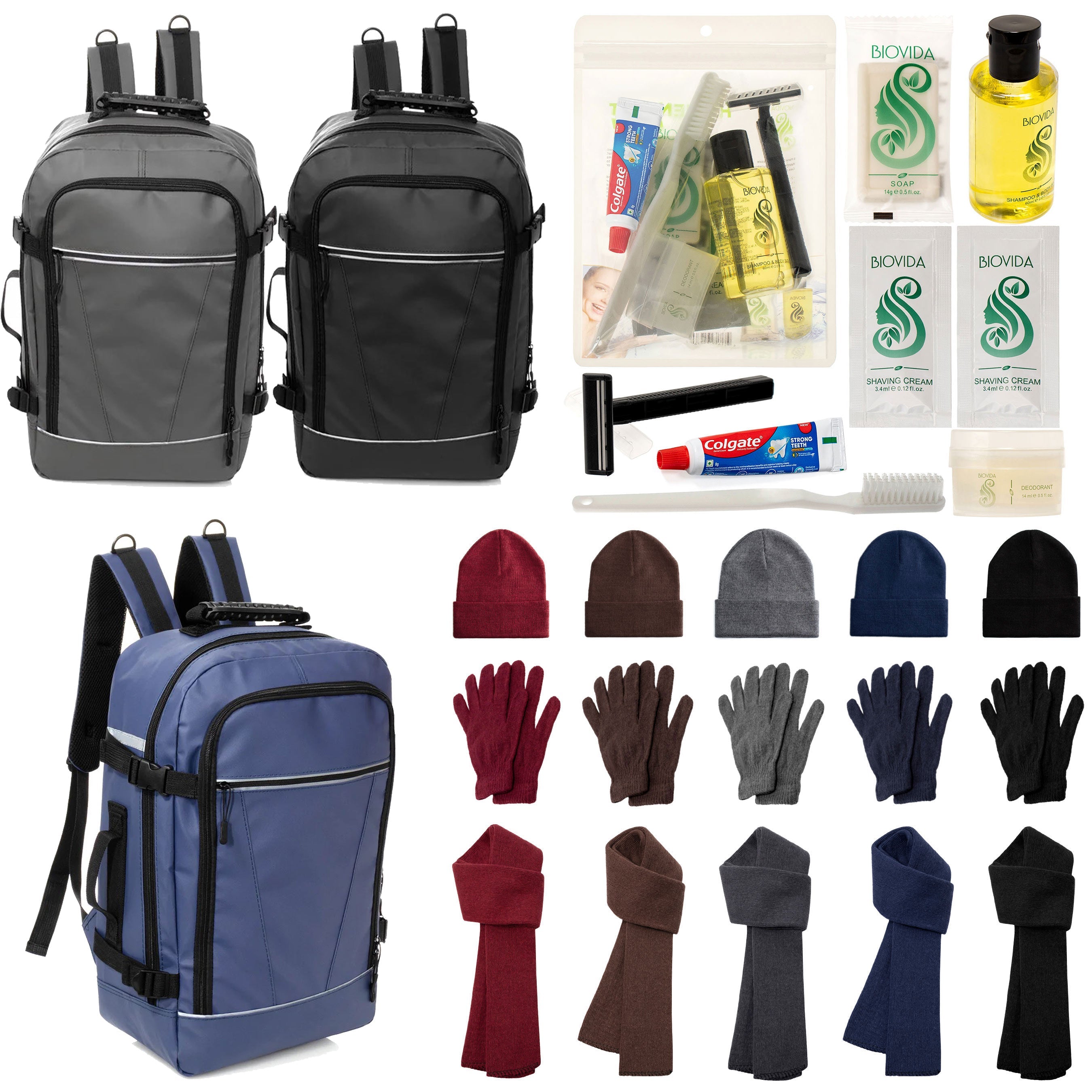 12 Travel 18" Backpacks, 12 Winter Item Sets & Your Choice of 12 Bulk Hygiene Kits - Wholesale Homeless Care Package