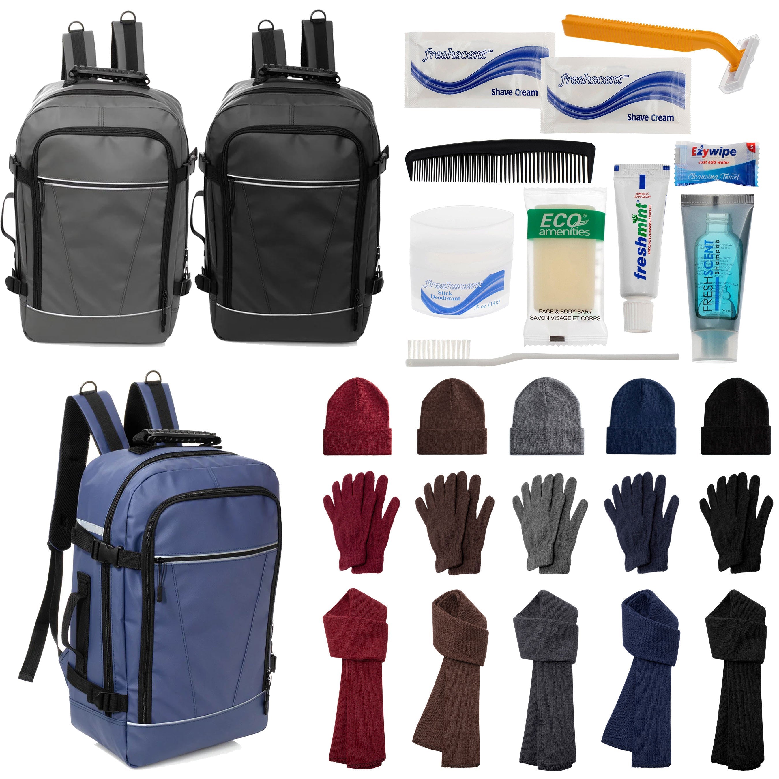 12 Travel 18" Backpacks, 12 Winter Item Sets & Your Choice of 12 Bulk Hygiene Kits - Wholesale Homeless Care Package