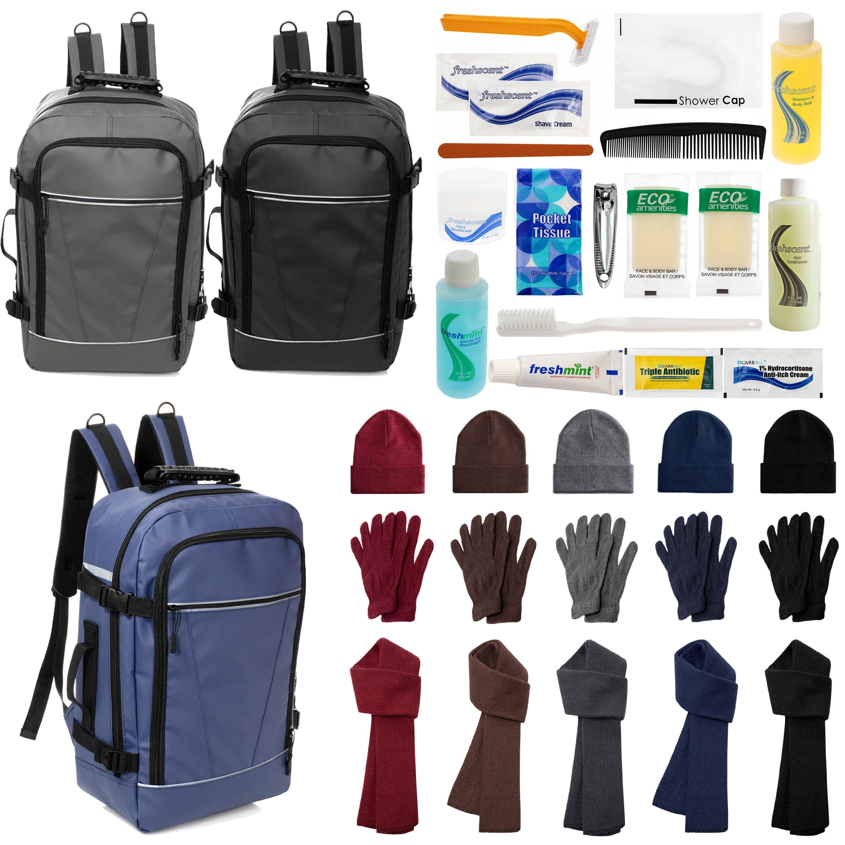 12 Travel 18" Backpacks, 12 Winter Item Sets & Your Choice of 12 Bulk Hygiene Kits - Wholesale Homeless Care Package