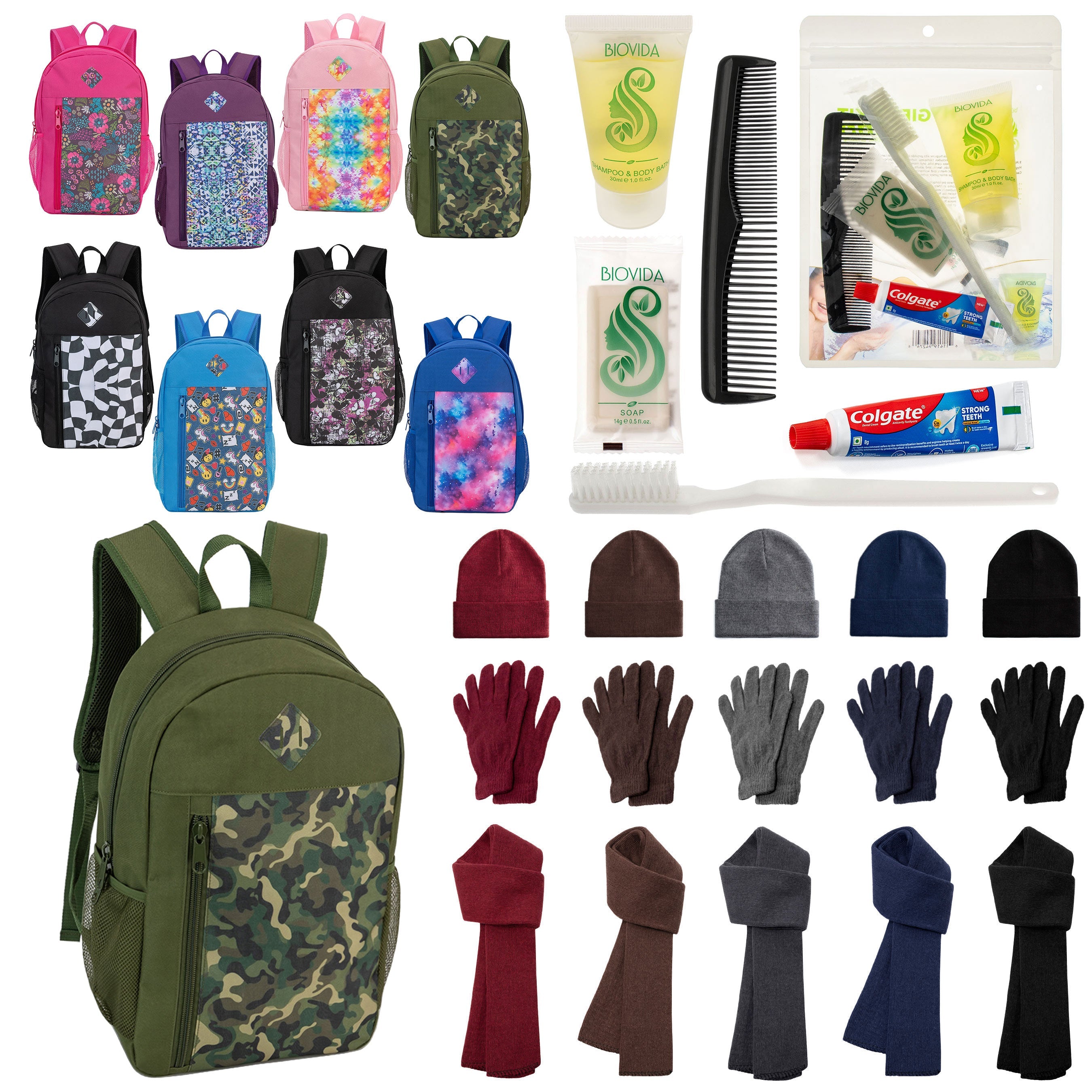 12 Patterned 19" Backpacks, 12 Winter Item Sets & Your Choice of 12 Bulk Hygiene Kits - Wholesale Homeless Care Package