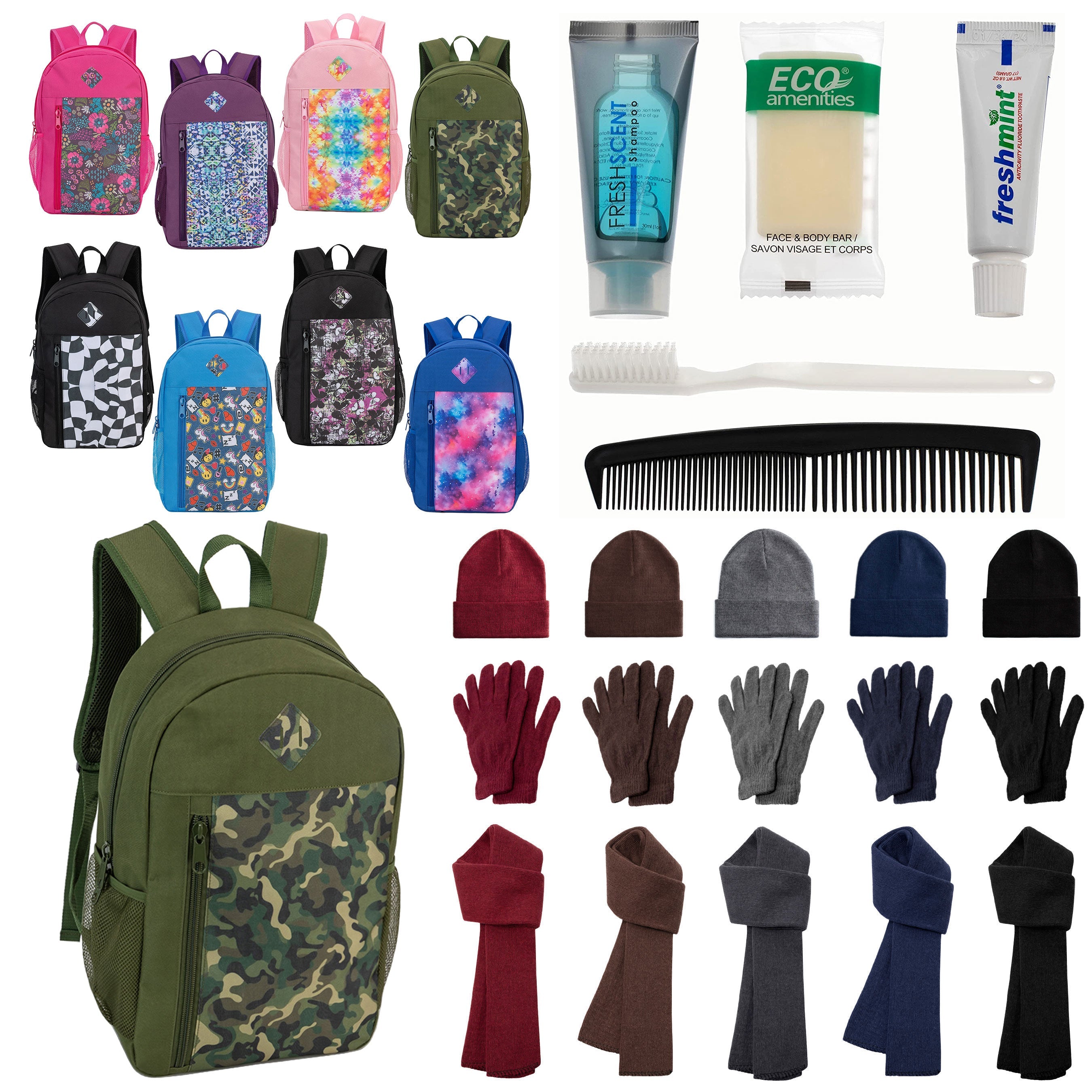 12 Patterned 19" Backpacks, 12 Winter Item Sets & Your Choice of 12 Bulk Hygiene Kits - Wholesale Homeless Care Package