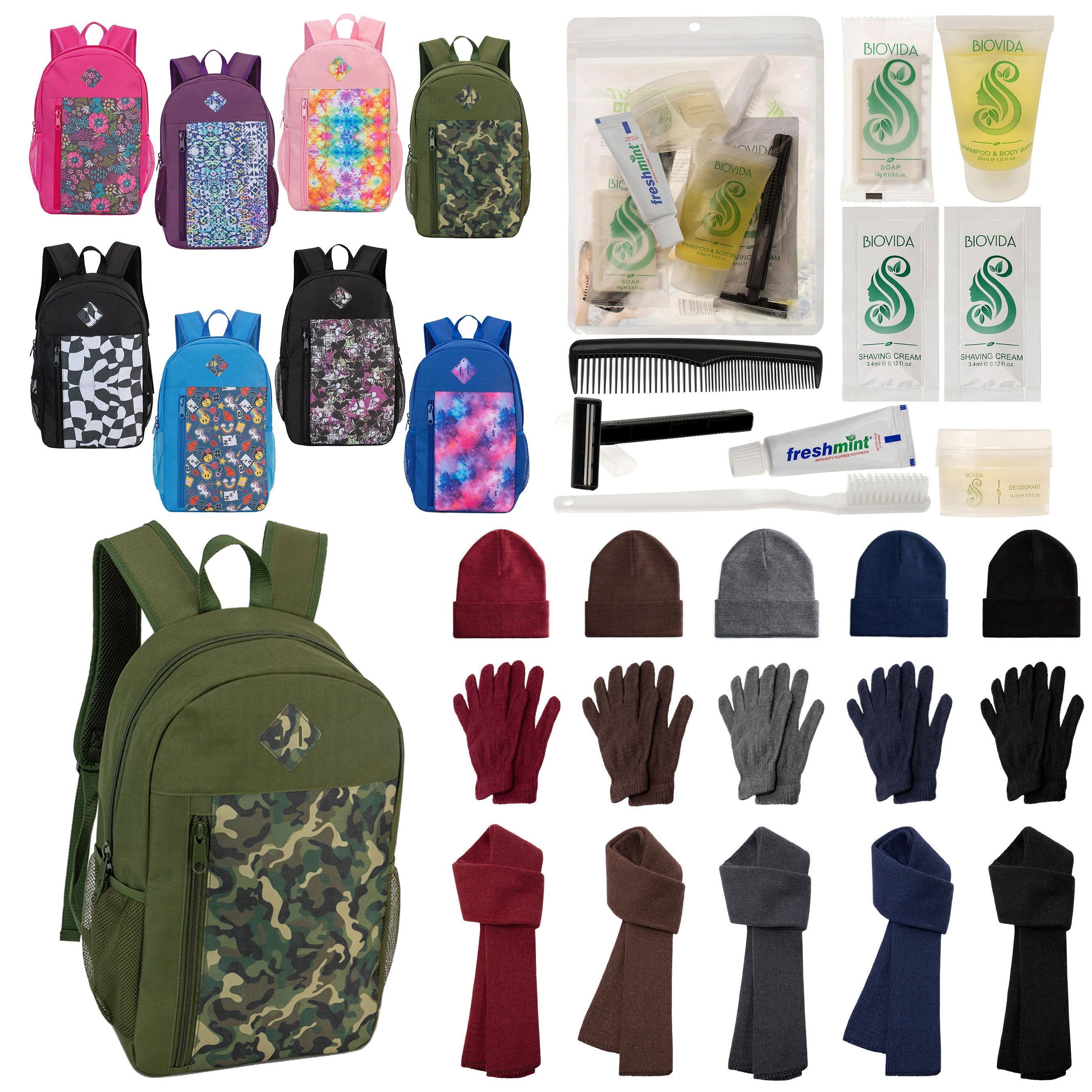 12 Patterned 19" Backpacks, 12 Winter Item Sets & Your Choice of 12 Bulk Hygiene Kits - Wholesale Homeless Care Package