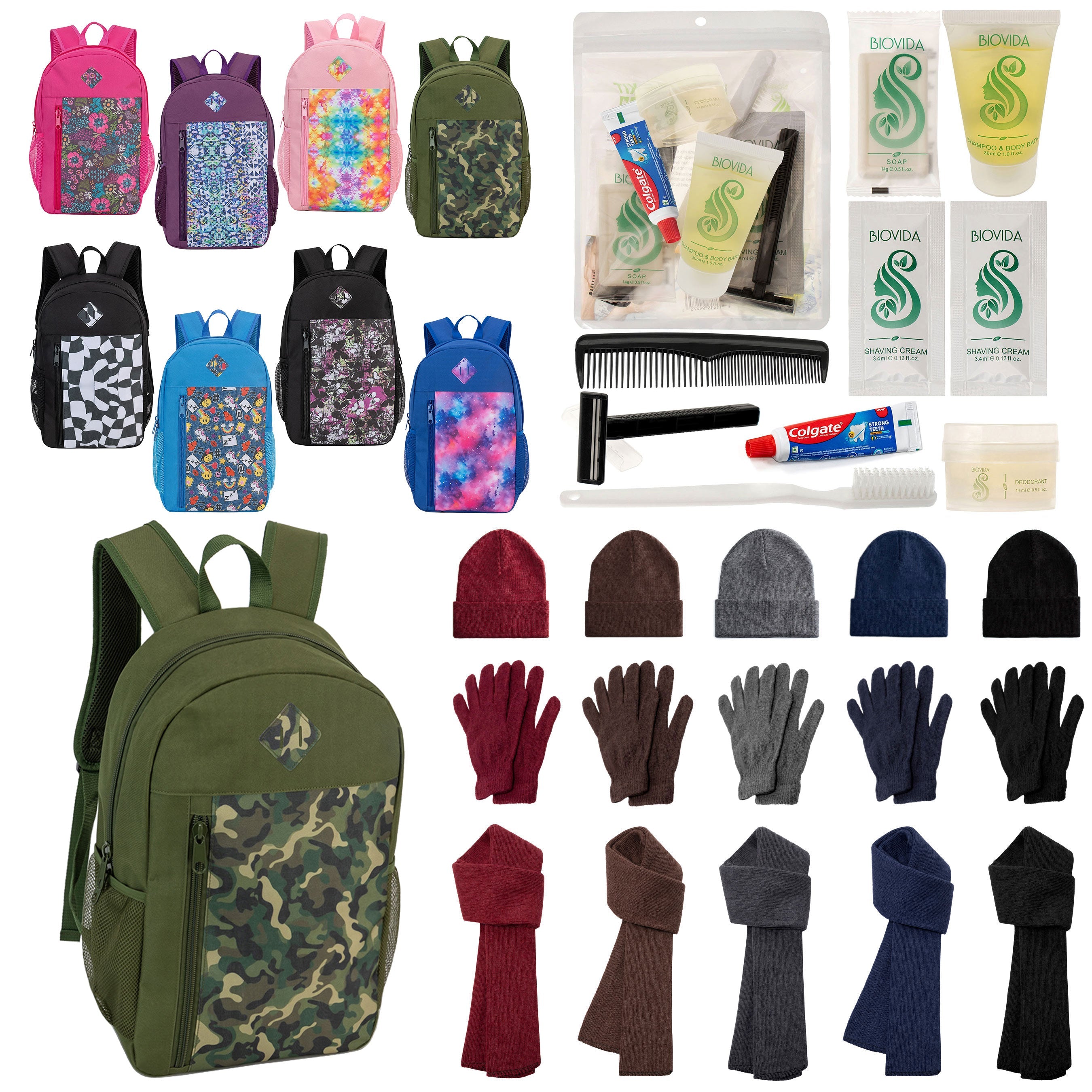 12 Patterned 19" Backpacks, 12 Winter Item Sets & Your Choice of 12 Bulk Hygiene Kits - Wholesale Homeless Care Package