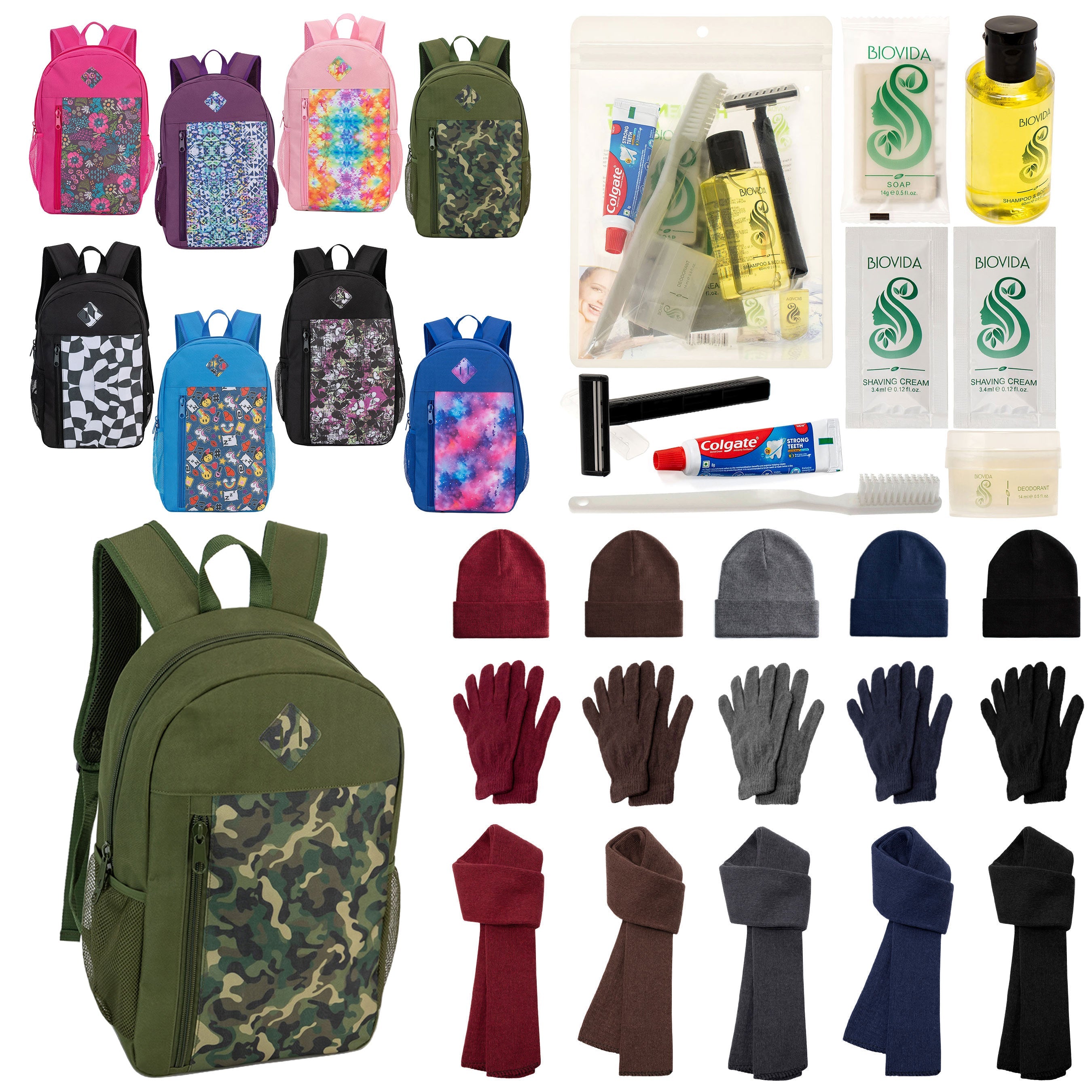 12 Patterned 19" Backpacks, 12 Winter Item Sets & Your Choice of 12 Bulk Hygiene Kits - Wholesale Homeless Care Package