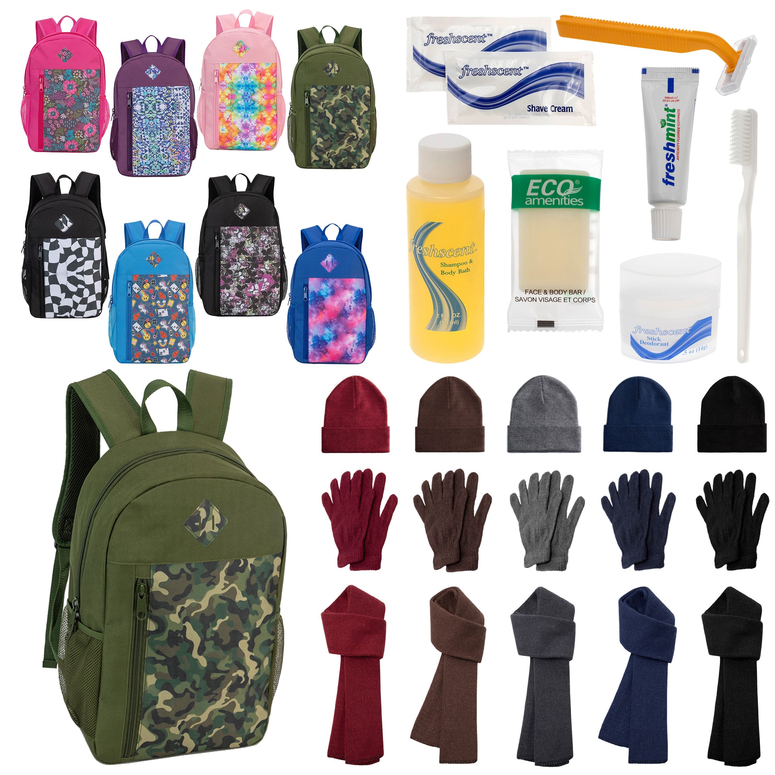12 Patterned 19" Backpacks, 12 Winter Item Sets & Your Choice of 12 Bulk Hygiene Kits - Wholesale Homeless Care Package