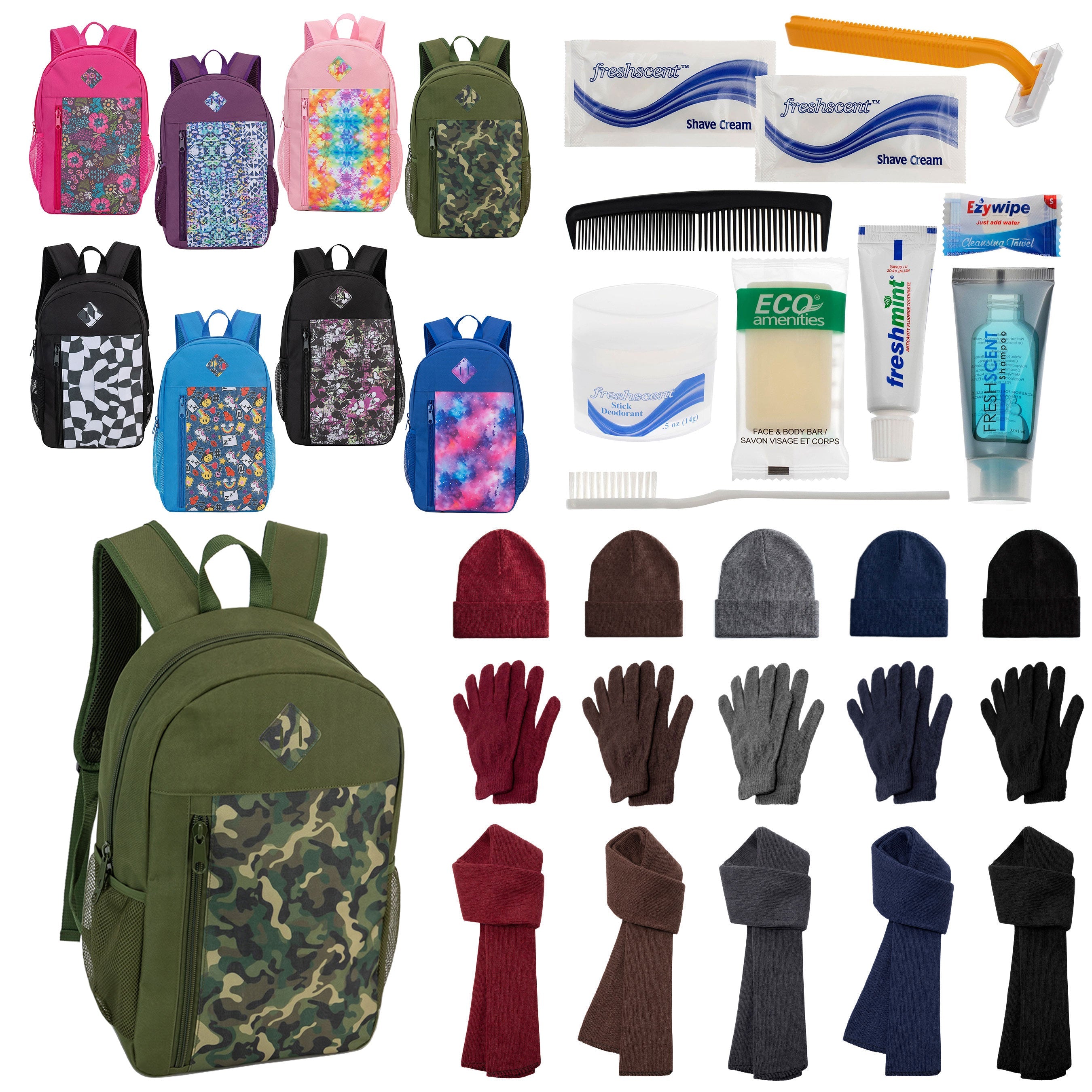 12 Patterned 19" Backpacks, 12 Winter Item Sets & Your Choice of 12 Bulk Hygiene Kits - Wholesale Homeless Care Package