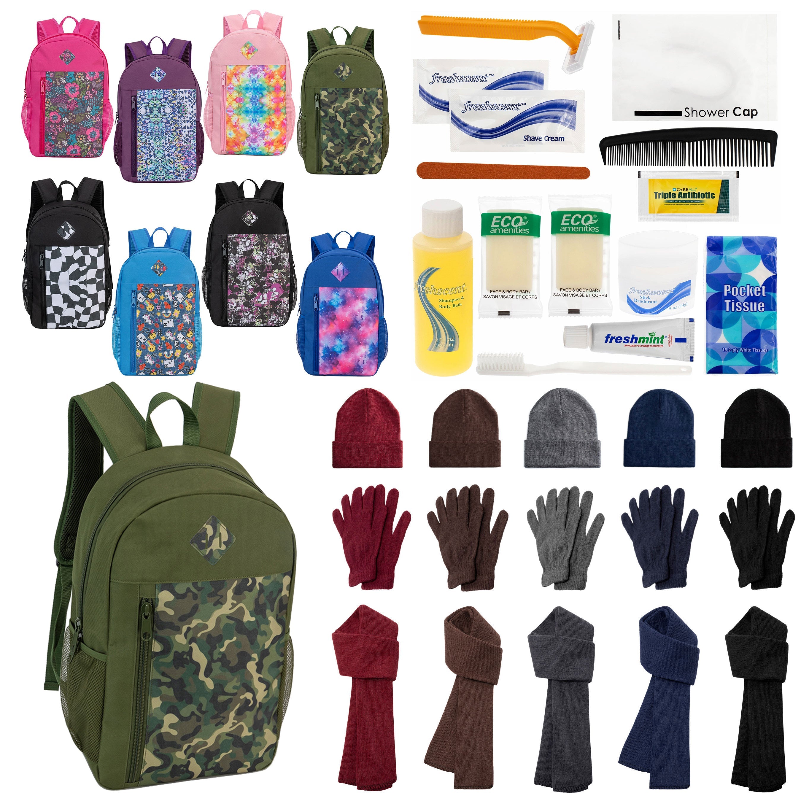 12 Patterned 19" Backpacks, 12 Winter Item Sets & Your Choice of 12 Bulk Hygiene Kits - Wholesale Homeless Care Package