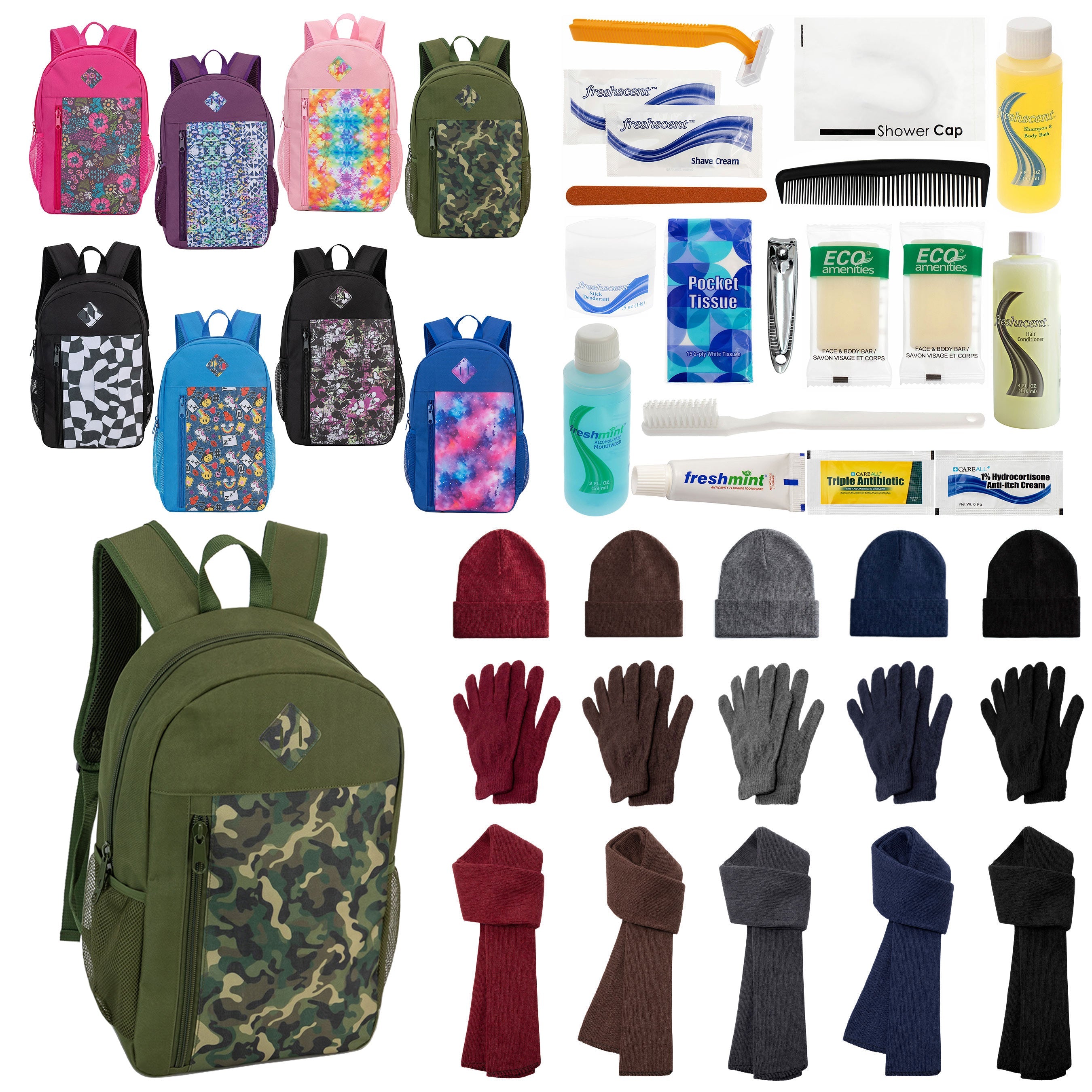 12 Patterned 19" Backpacks, 12 Winter Item Sets & Your Choice of 12 Bulk Hygiene Kits - Wholesale Homeless Care Package
