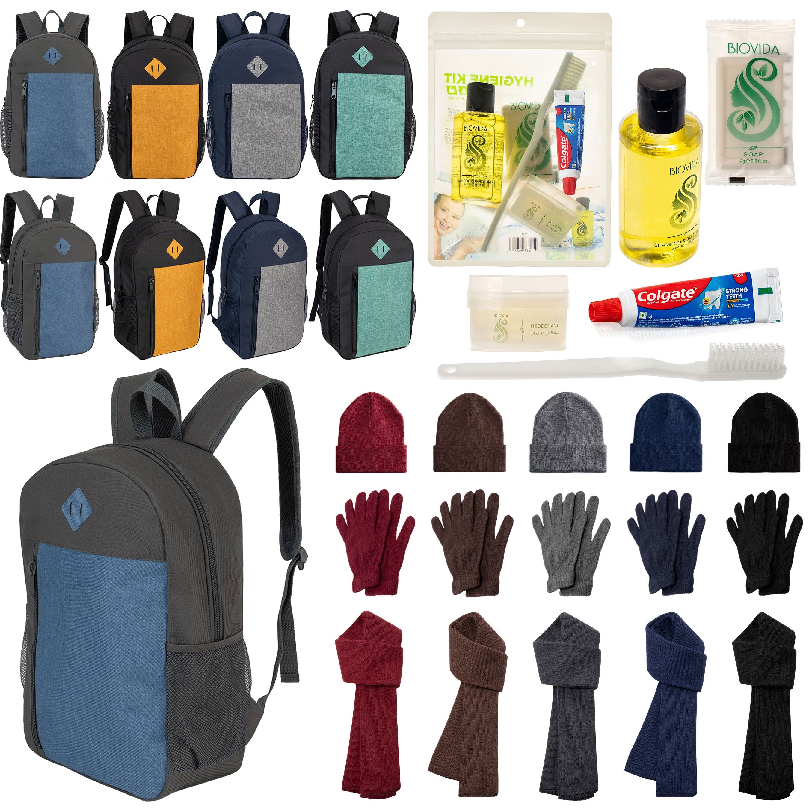 12 Large 19" Backpacks, 12 Winter Item Sets & Your Choice of 12 Bulk Hygiene Kits - Wholesale Homeless Care Package