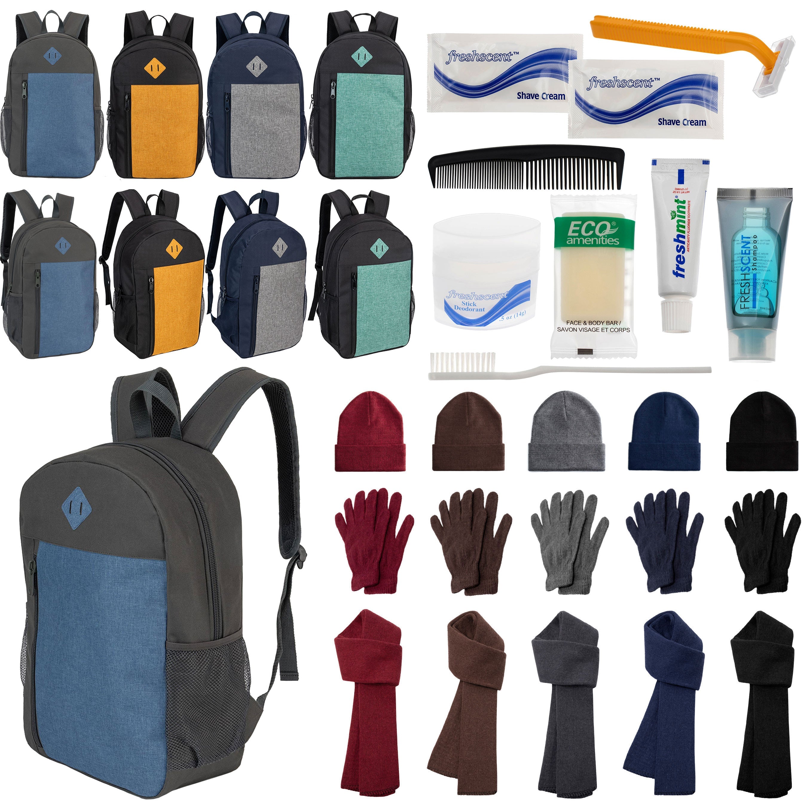 12 Large 19" Backpacks, 12 Winter Item Sets & Your Choice of 12 Bulk Hygiene Kits - Wholesale Homeless Care Package