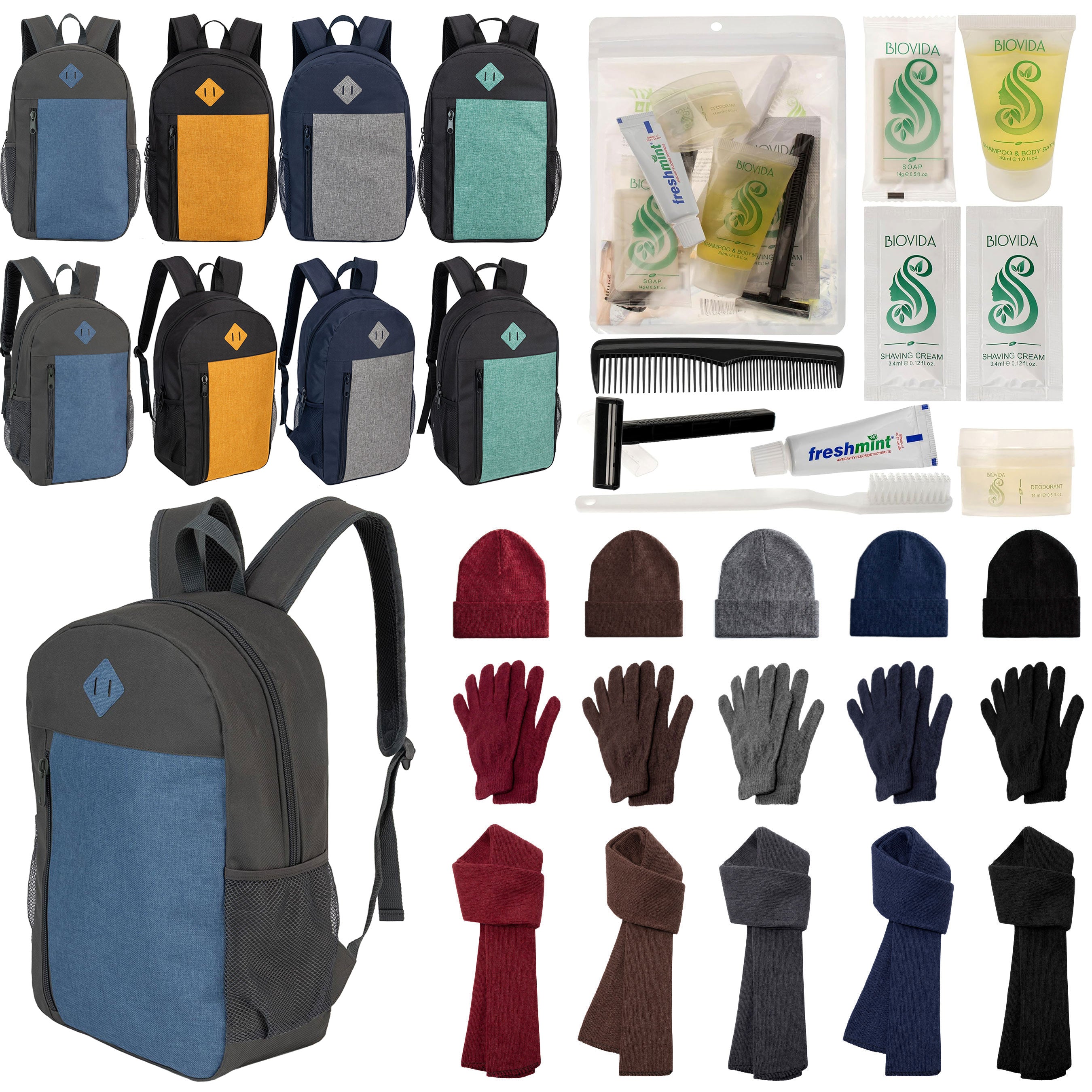 12 Large 19" Backpacks, 12 Winter Item Sets & Your Choice of 12 Bulk Hygiene Kits - Wholesale Homeless Care Package