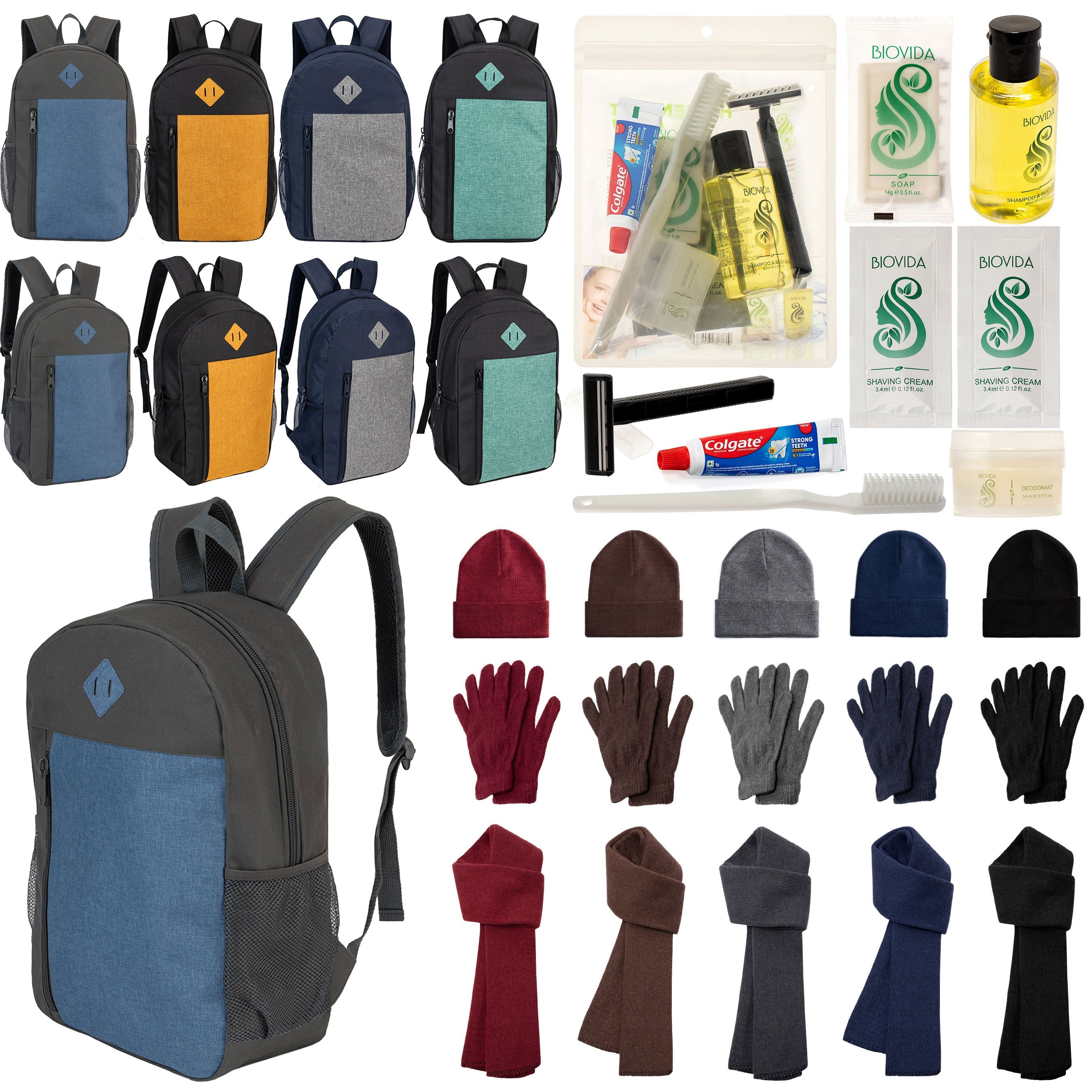 12 Large 19" Backpacks, 12 Winter Item Sets & Your Choice of 12 Bulk Hygiene Kits - Wholesale Homeless Care Package
