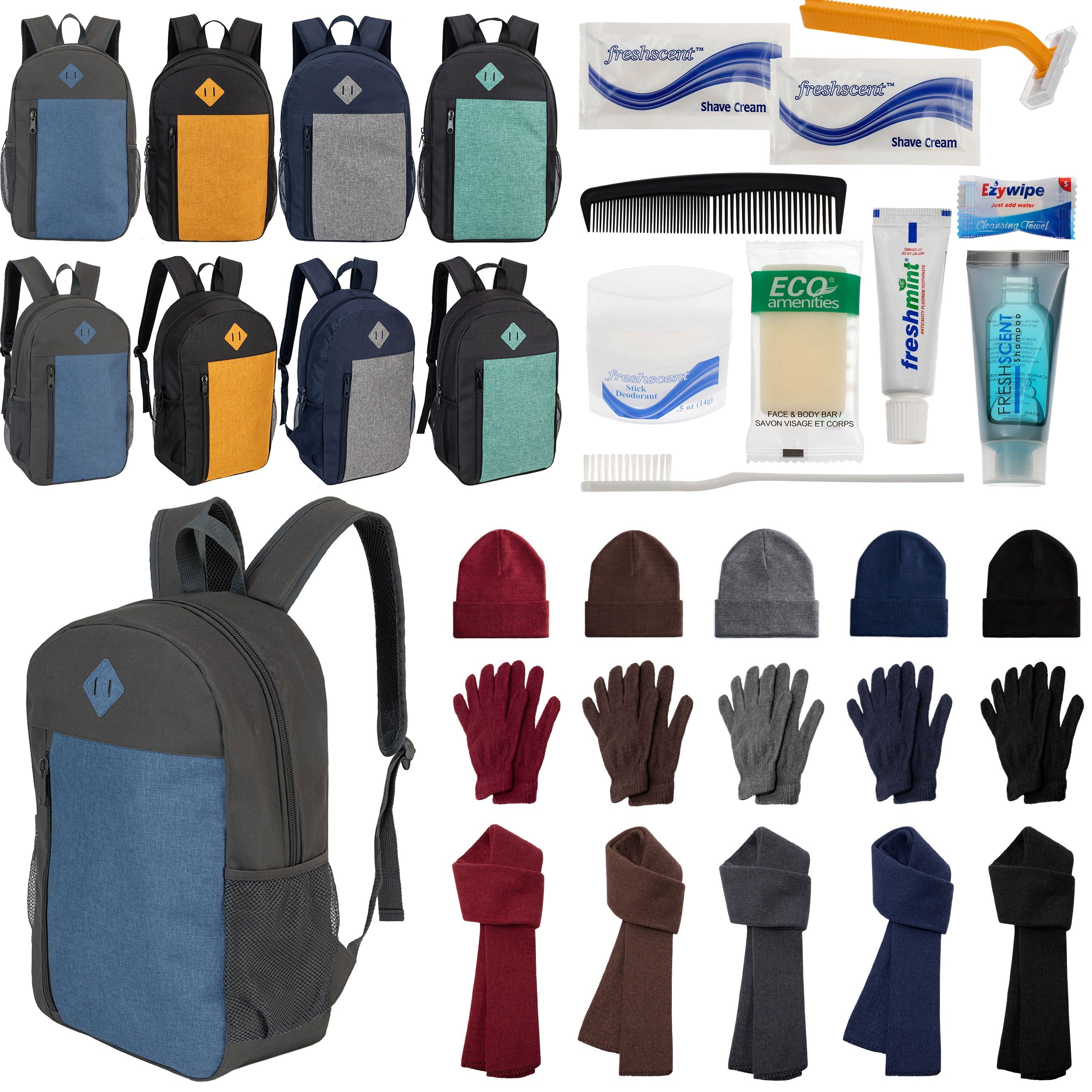 12 Large 19" Backpacks, 12 Winter Item Sets & Your Choice of 12 Bulk Hygiene Kits - Wholesale Homeless Care Package