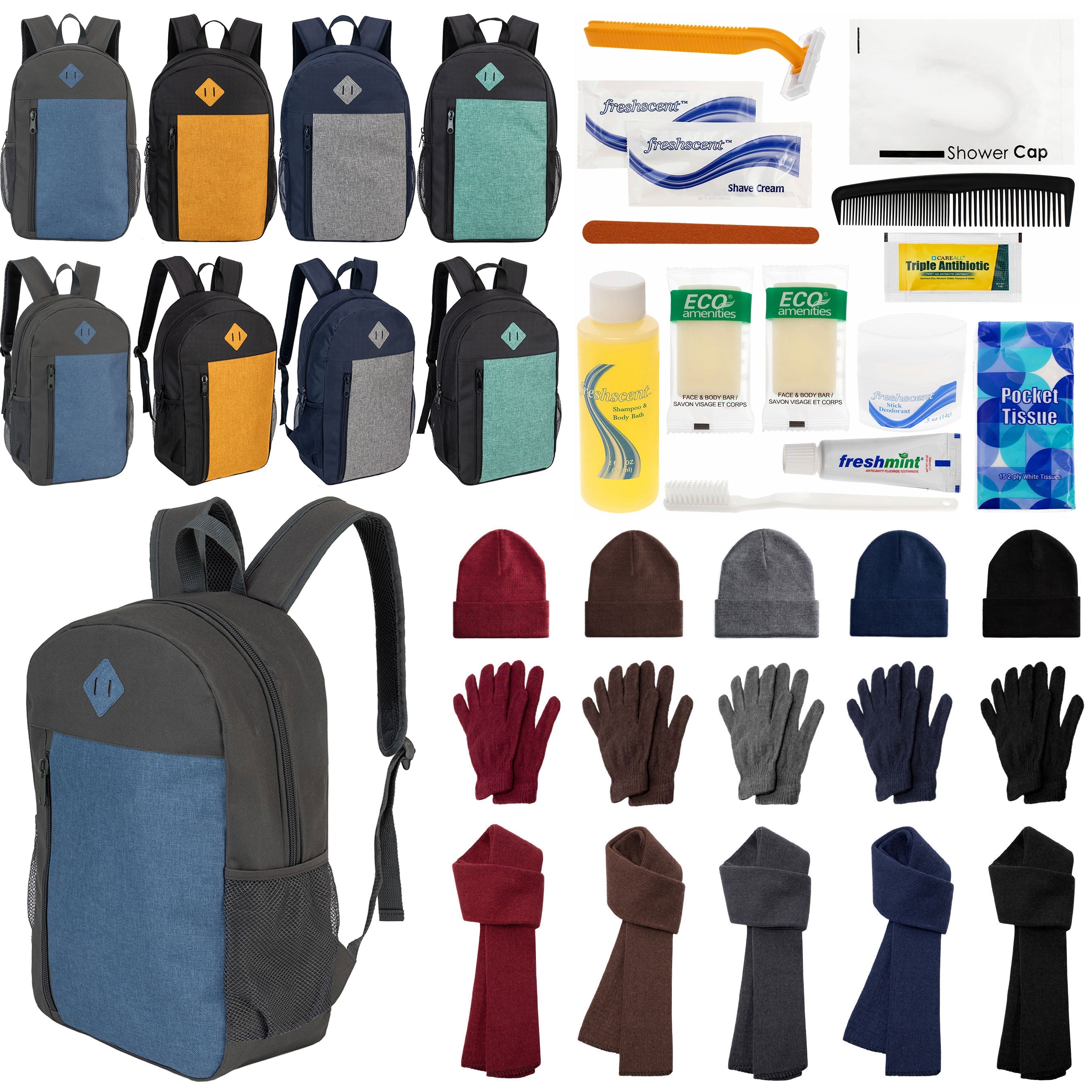12 Large 19" Backpacks, 12 Winter Item Sets & Your Choice of 12 Bulk Hygiene Kits - Wholesale Homeless Care Package