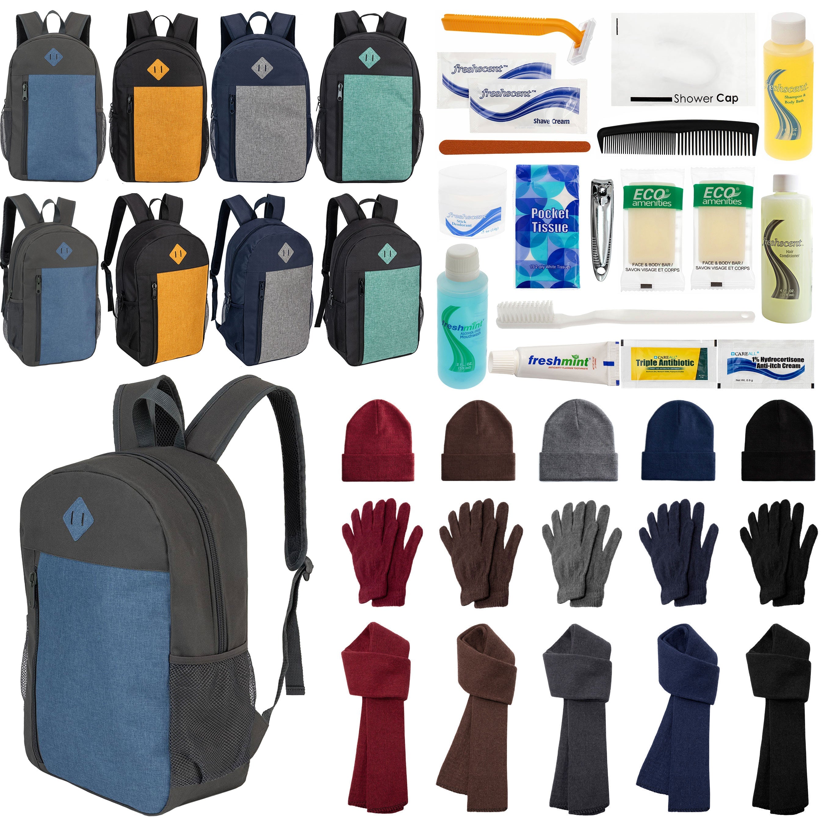 12 Large 19" Backpacks, 12 Winter Item Sets & Your Choice of 12 Bulk Hygiene Kits - Wholesale Homeless Care Package