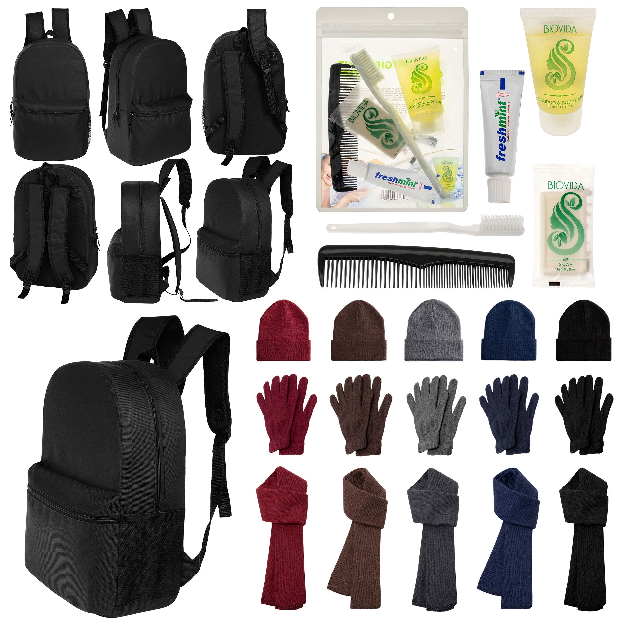 12 Black 18.5" Large Backpacks, 12 Winter Item Sets & Your Choice of 12 Bulk Hygiene Kits - Wholesale Homeless Care Package
