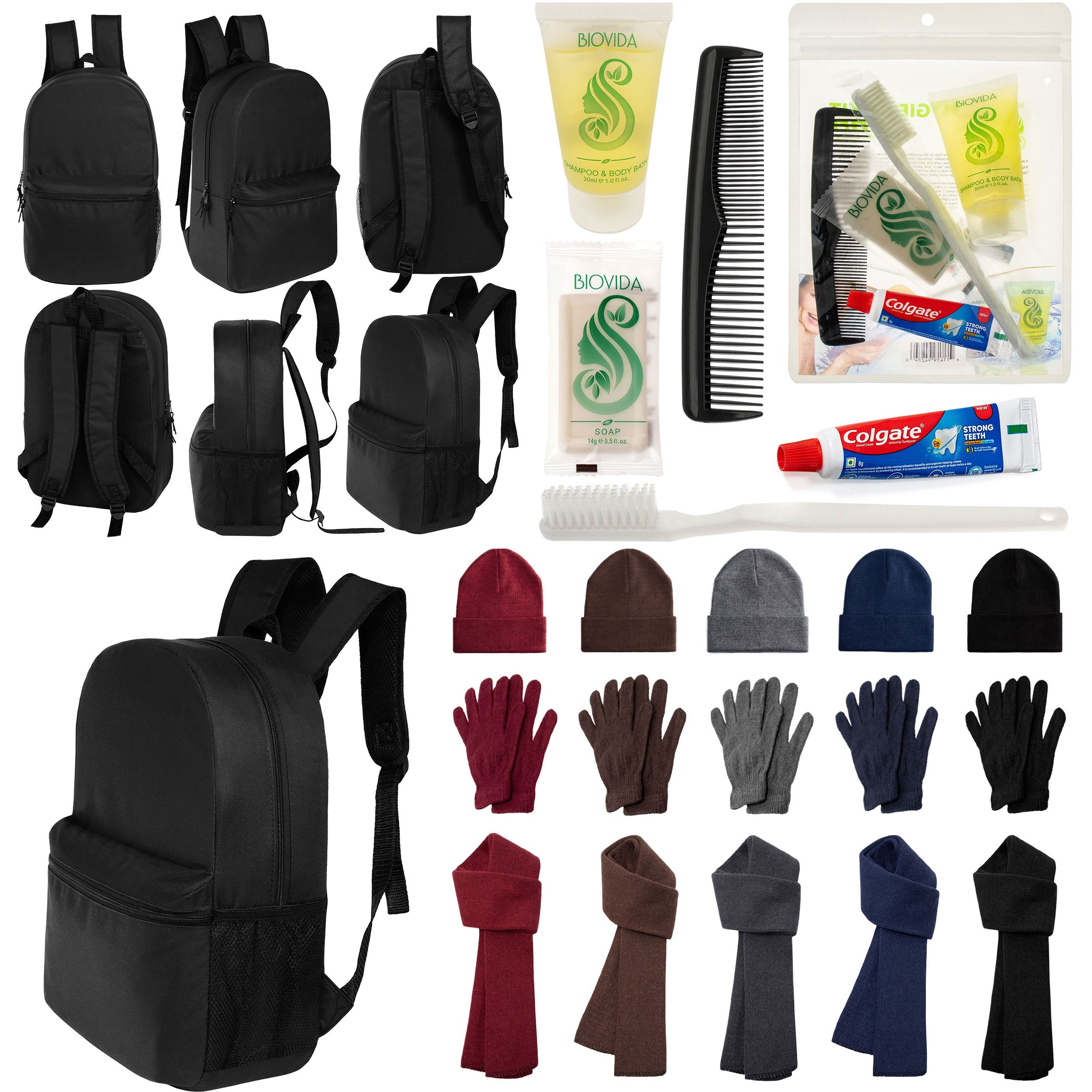 12 Black 18.5" Large Backpacks, 12 Winter Item Sets & Your Choice of 12 Bulk Hygiene Kits - Wholesale Homeless Care Package