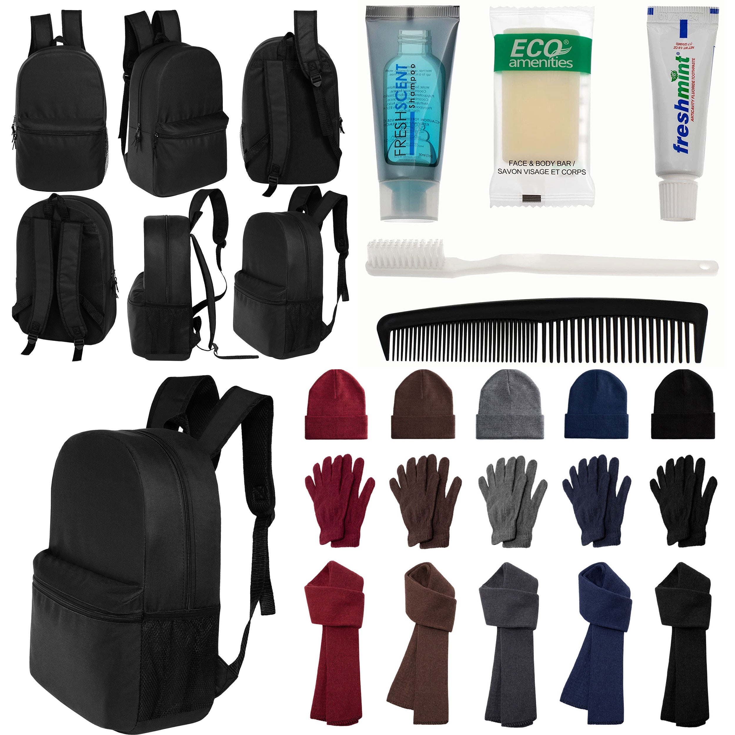 12 Black 18.5" Large Backpacks, 12 Winter Item Sets & Your Choice of 12 Bulk Hygiene Kits - Wholesale Homeless Care Package
