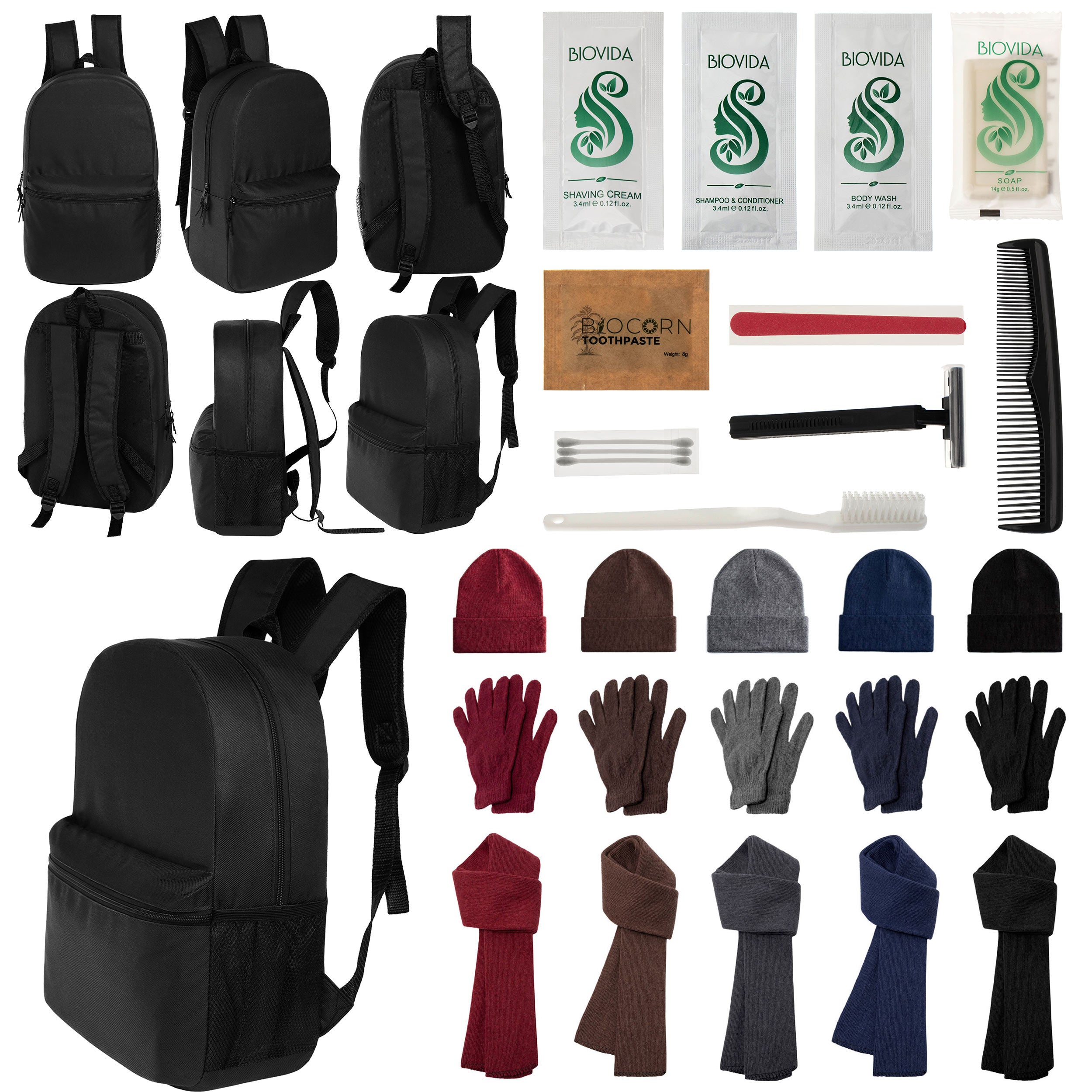 12 Black 18.5" Large Backpacks, 12 Winter Item Sets & Your Choice of 12 Bulk Hygiene Kits - Wholesale Homeless Care Package