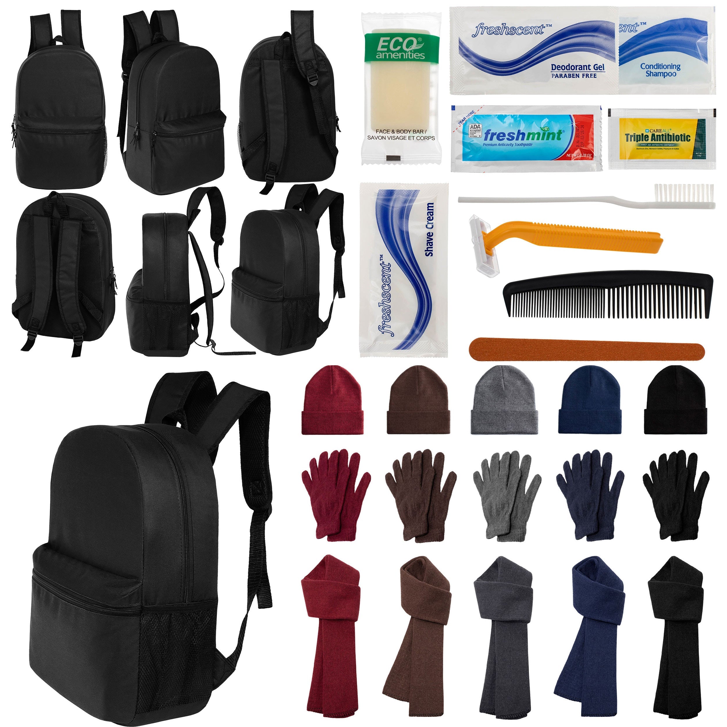 12 Black 18.5" Large Backpacks, 12 Winter Item Sets & Your Choice of 12 Bulk Hygiene Kits - Wholesale Homeless Care Package