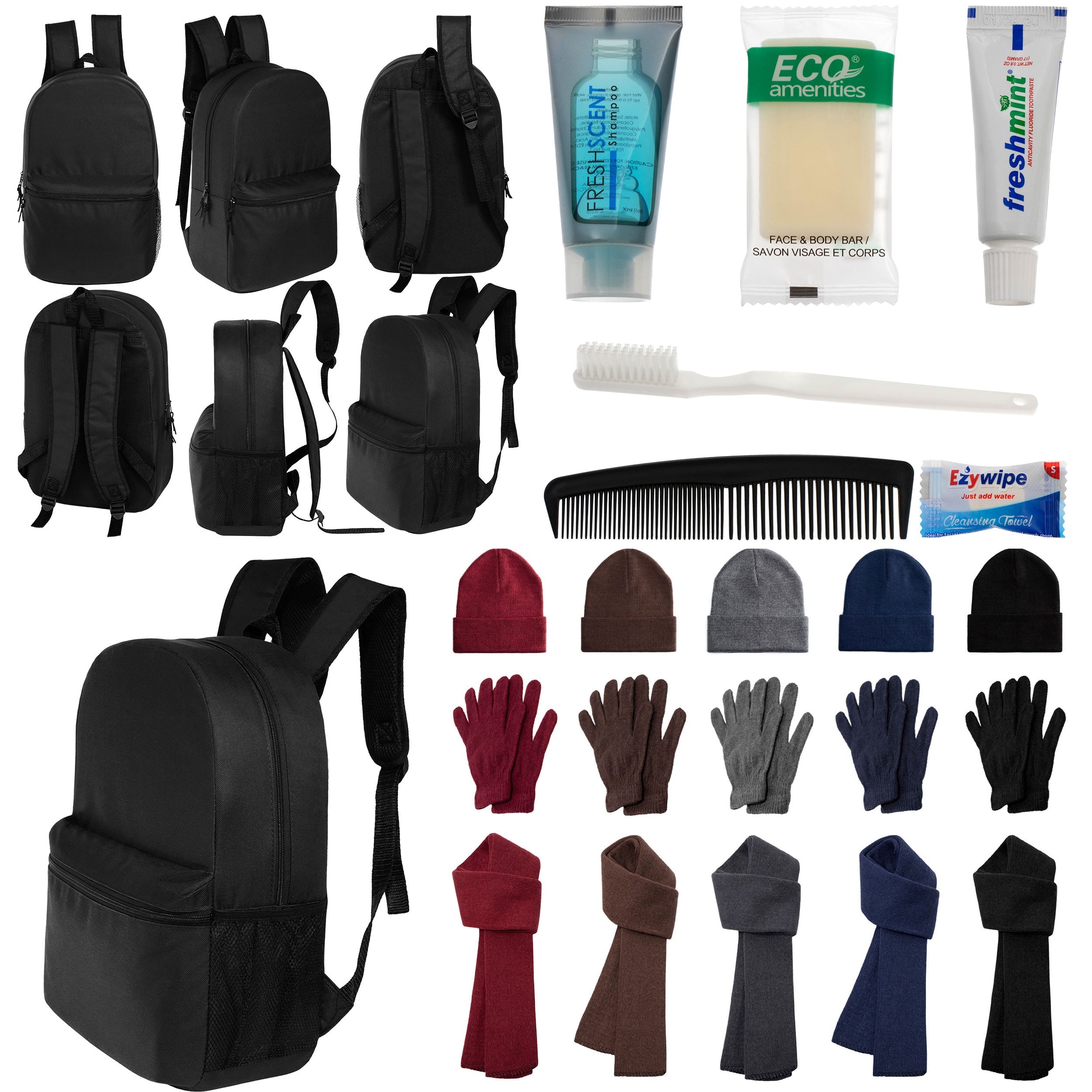 12 Black 18.5" Large Backpacks, 12 Winter Item Sets & Your Choice of 12 Bulk Hygiene Kits - Wholesale Homeless Care Package
