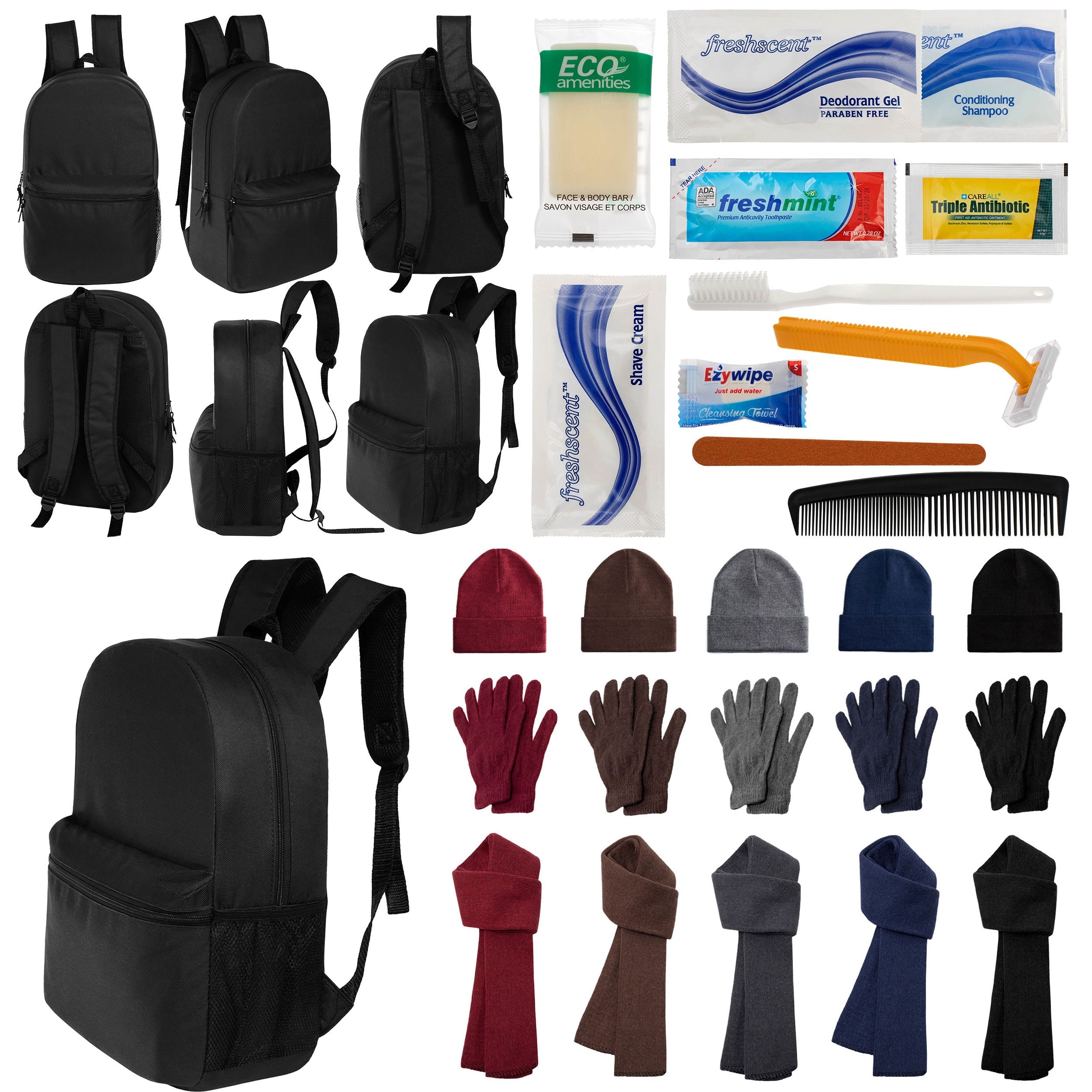 12 Black 18.5" Large Backpacks, 12 Winter Item Sets & Your Choice of 12 Bulk Hygiene Kits - Wholesale Homeless Care Package