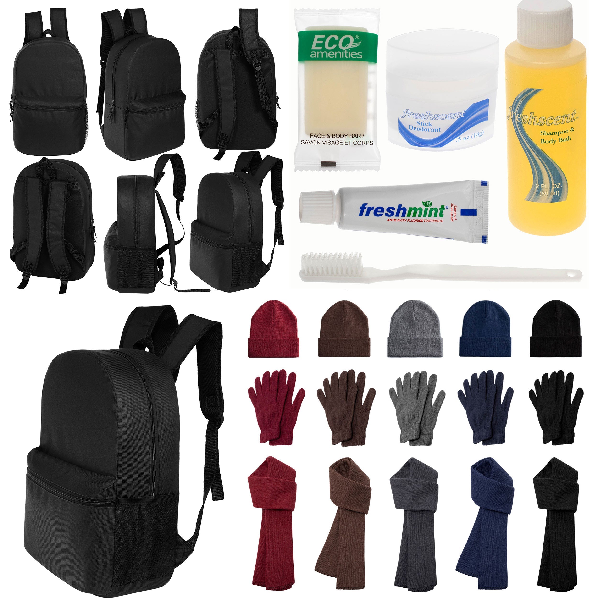 12 Black 18.5" Large Backpacks, 12 Winter Item Sets & Your Choice of 12 Bulk Hygiene Kits - Wholesale Homeless Care Package