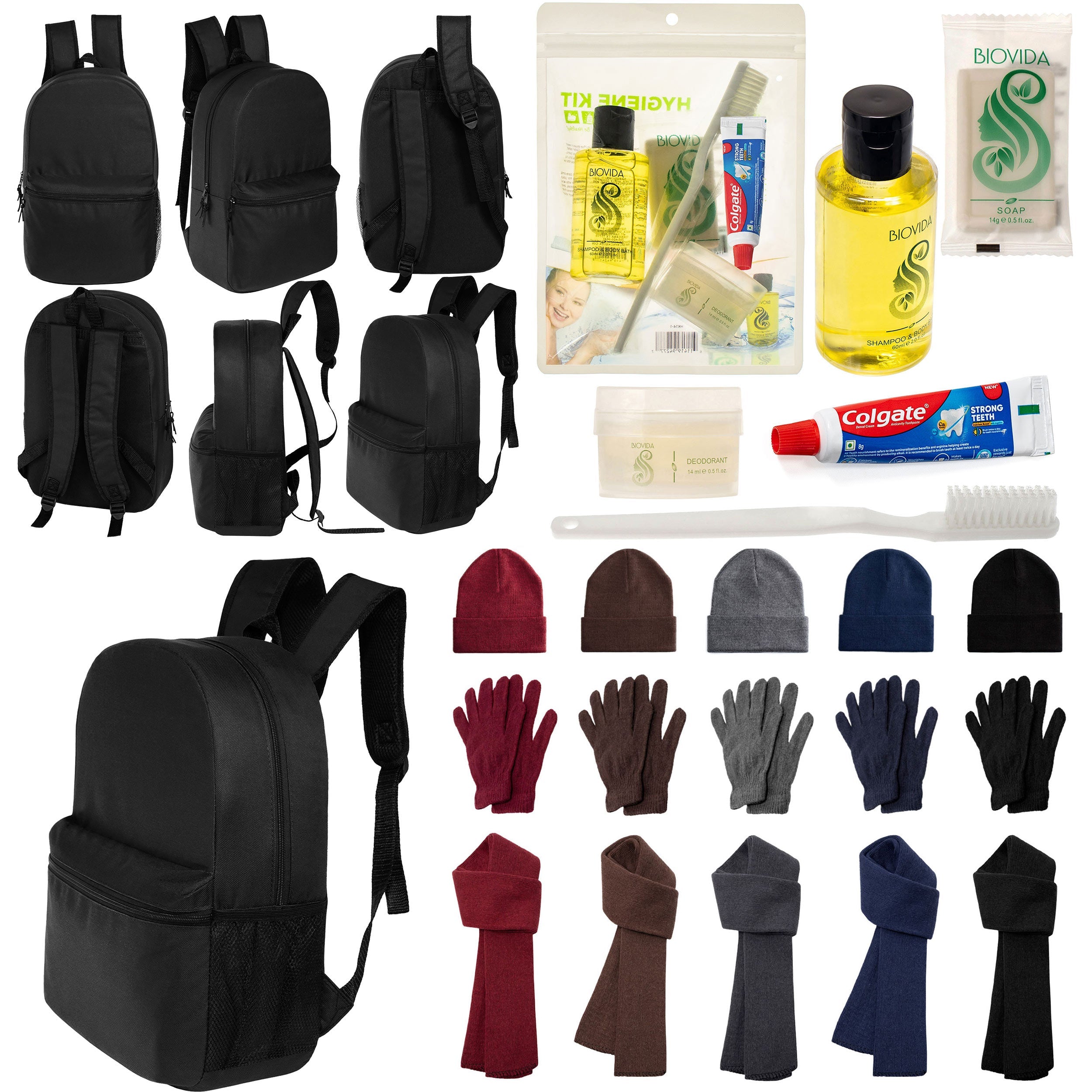 12 Black 18.5" Large Backpacks, 12 Winter Item Sets & Your Choice of 12 Bulk Hygiene Kits - Wholesale Homeless Care Package