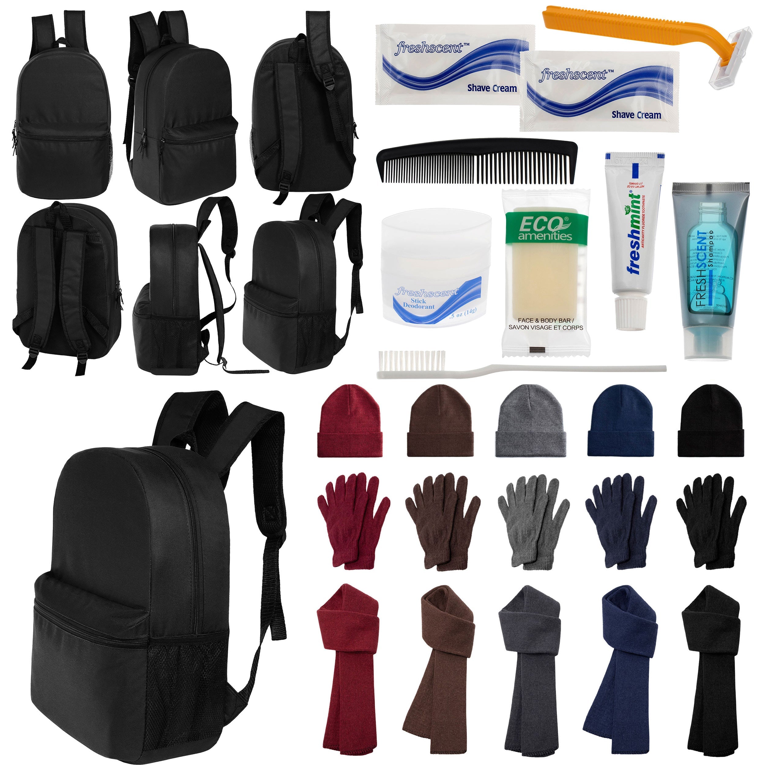 12 Black 18.5" Large Backpacks, 12 Winter Item Sets & Your Choice of 12 Bulk Hygiene Kits - Wholesale Homeless Care Package