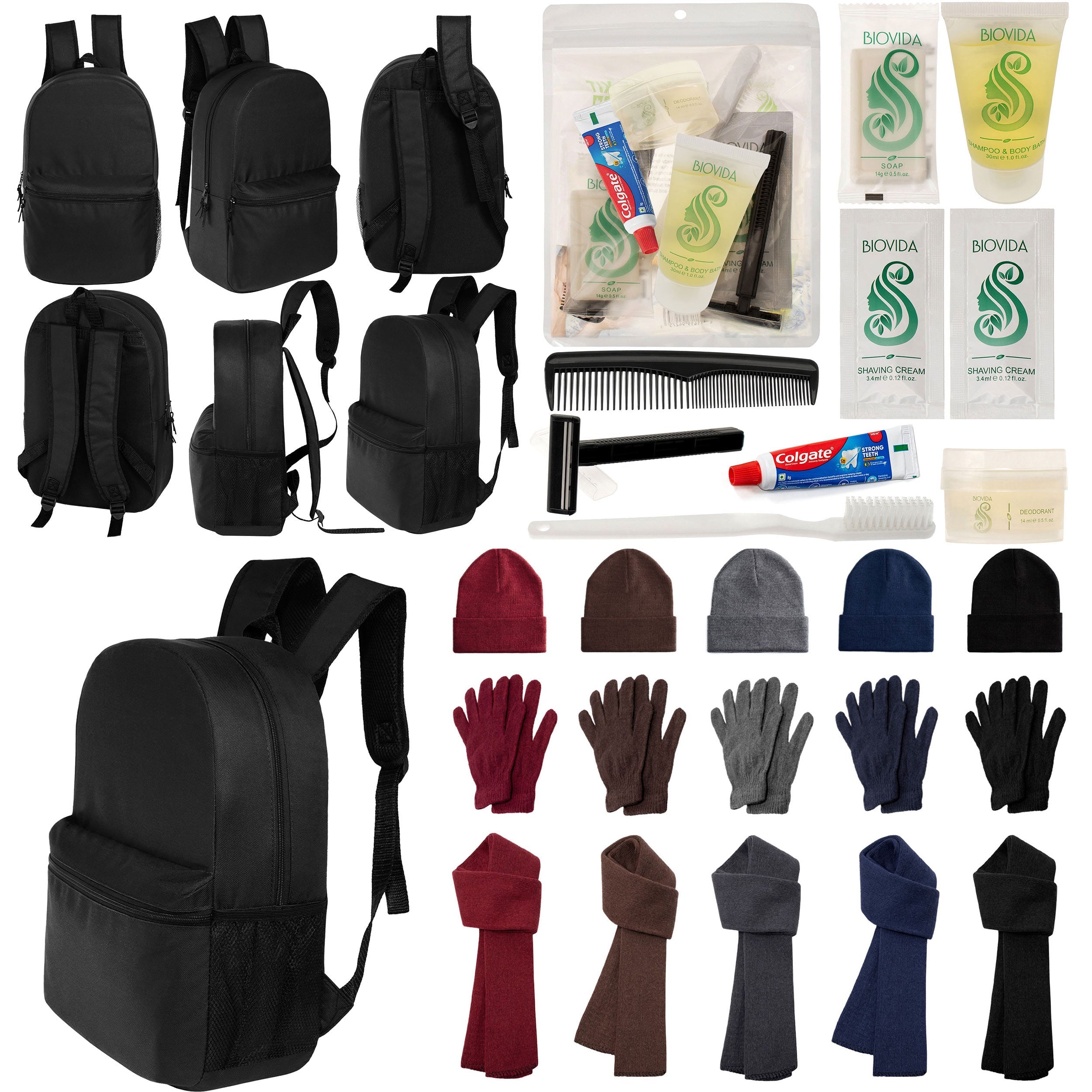12 Black 18.5" Large Backpacks, 12 Winter Item Sets & Your Choice of 12 Bulk Hygiene Kits - Wholesale Homeless Care Package