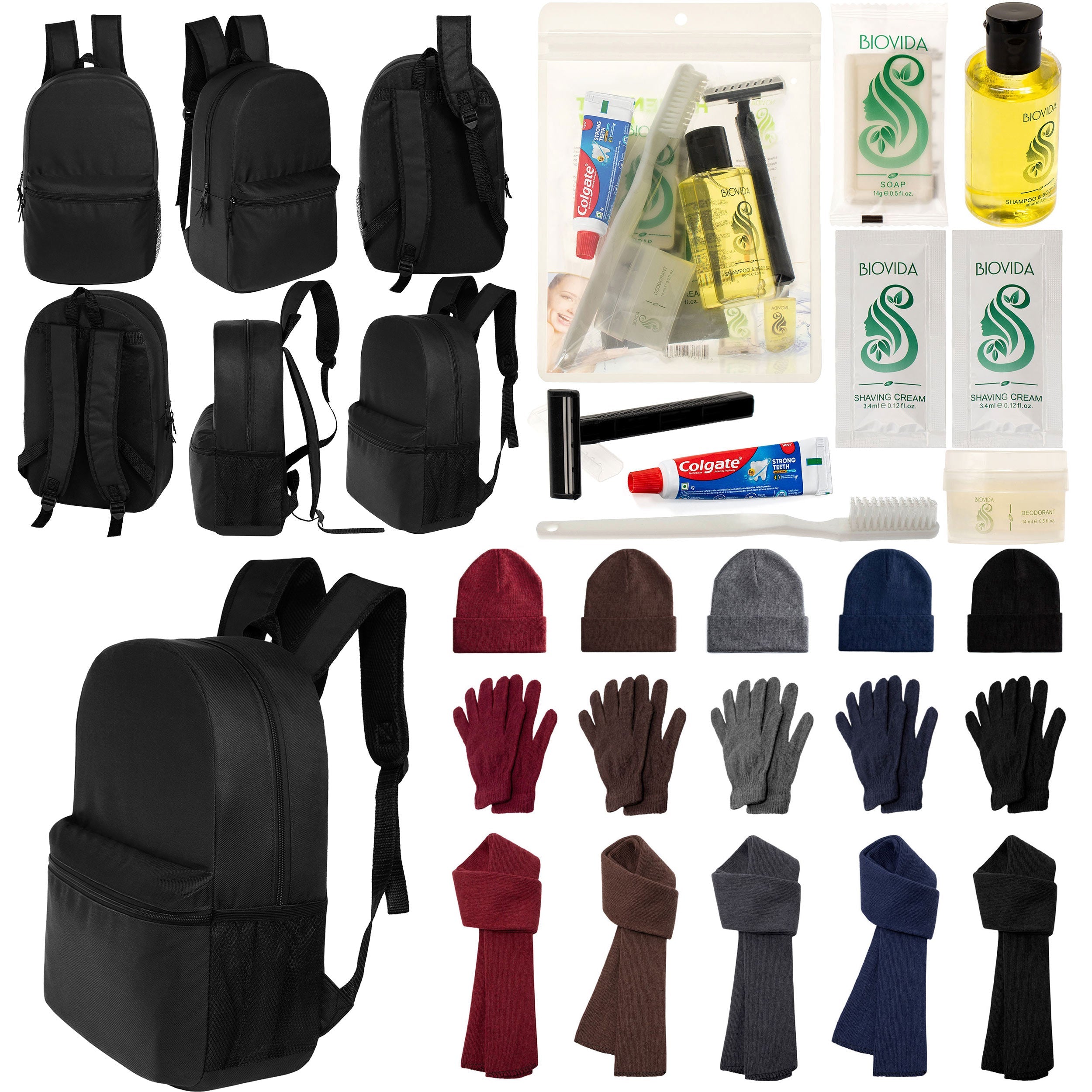 12 Black 18.5" Large Backpacks, 12 Winter Item Sets & Your Choice of 12 Bulk Hygiene Kits - Wholesale Homeless Care Package