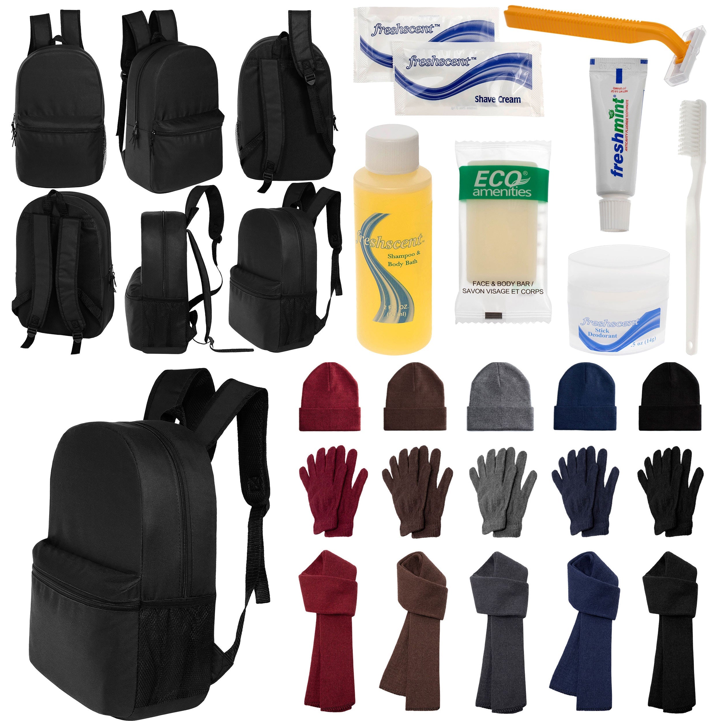 12 Black 18.5" Large Backpacks, 12 Winter Item Sets & Your Choice of 12 Bulk Hygiene Kits - Wholesale Homeless Care Package