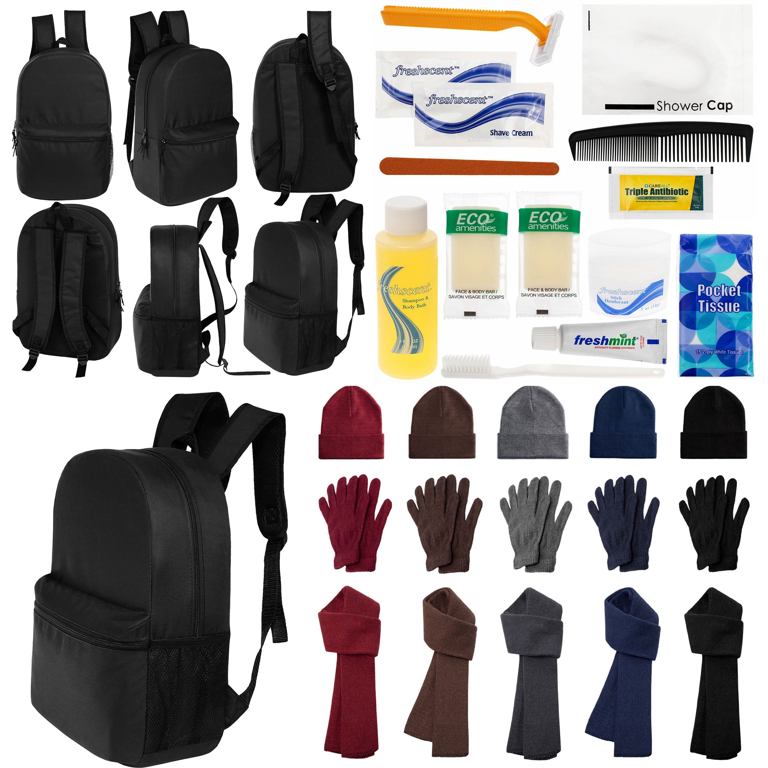 12 Black 18.5" Large Backpacks, 12 Winter Item Sets & Your Choice of 12 Bulk Hygiene Kits - Wholesale Homeless Care Package