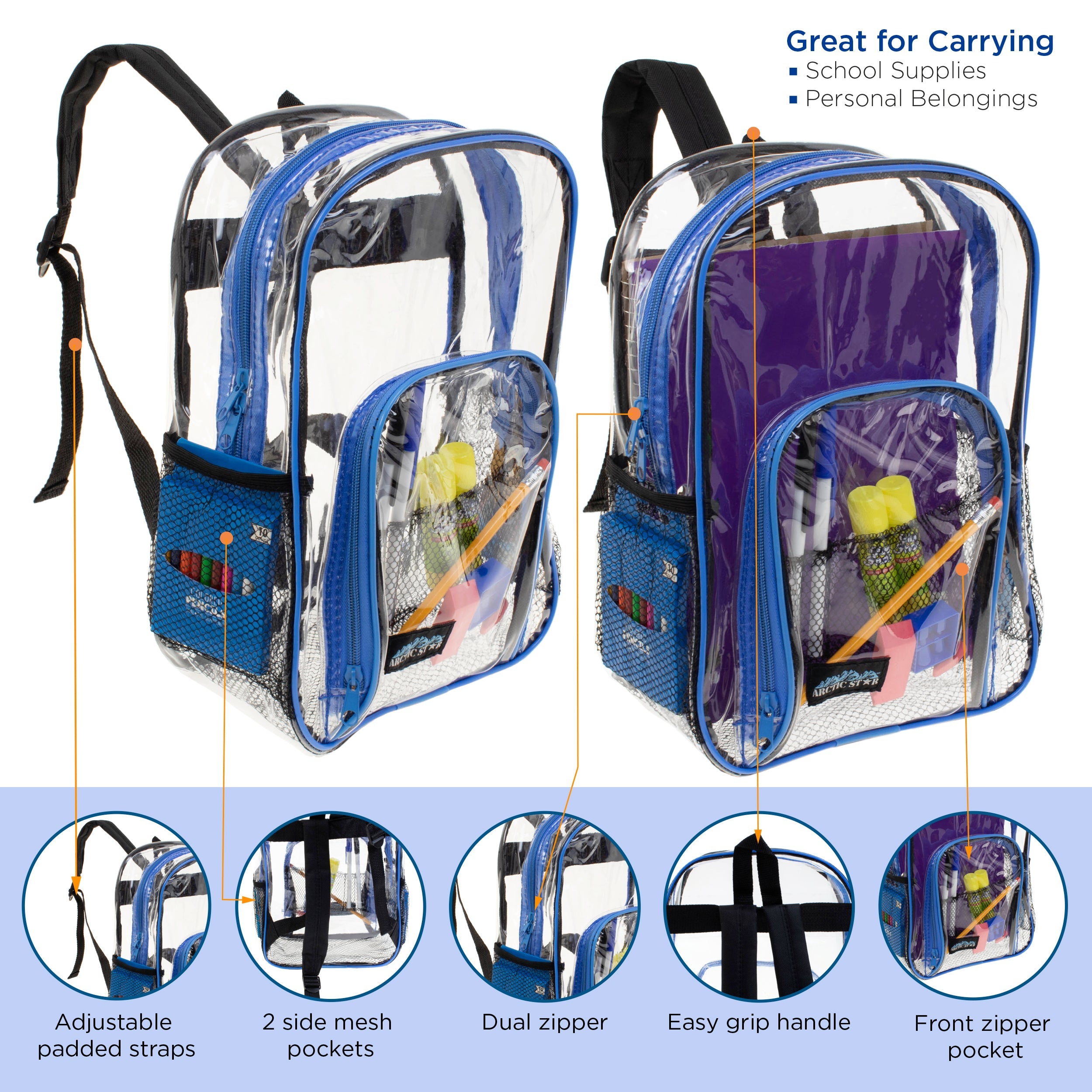 Clear Backpack Stadium Approved - Large Heavy Duty PVC Transparent Backpack For School, Work, Events - Navy Blue Trim