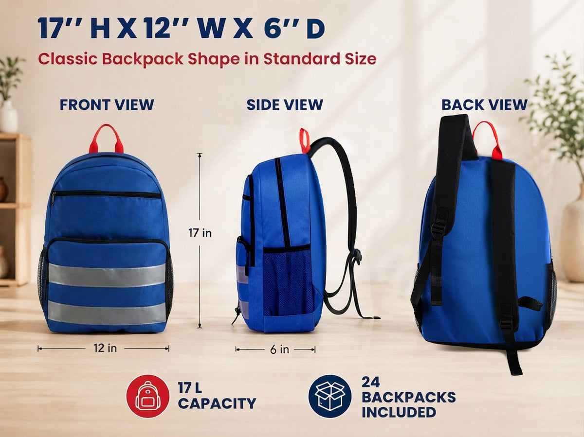 12 Reflective Strip 17" Backpacks with Side Pockets & Your Choice of 12 Bulk Hygiene Kits - Wholesale Care Package: Homeless, Emergency, Charity