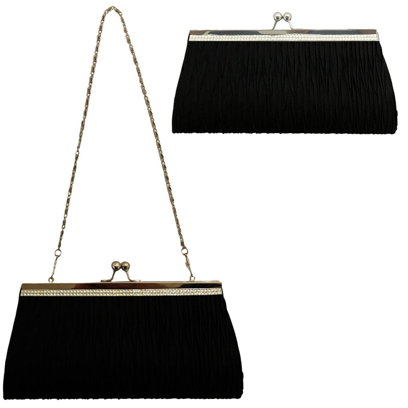 CLEARANCE PLEATED EVENING BAG IN BLACK (CASE OF 48 - $1.50 / PIECE) Wholesale Black Pleated Evening Bag SKU: EB1020-PLEATED-BLK-48