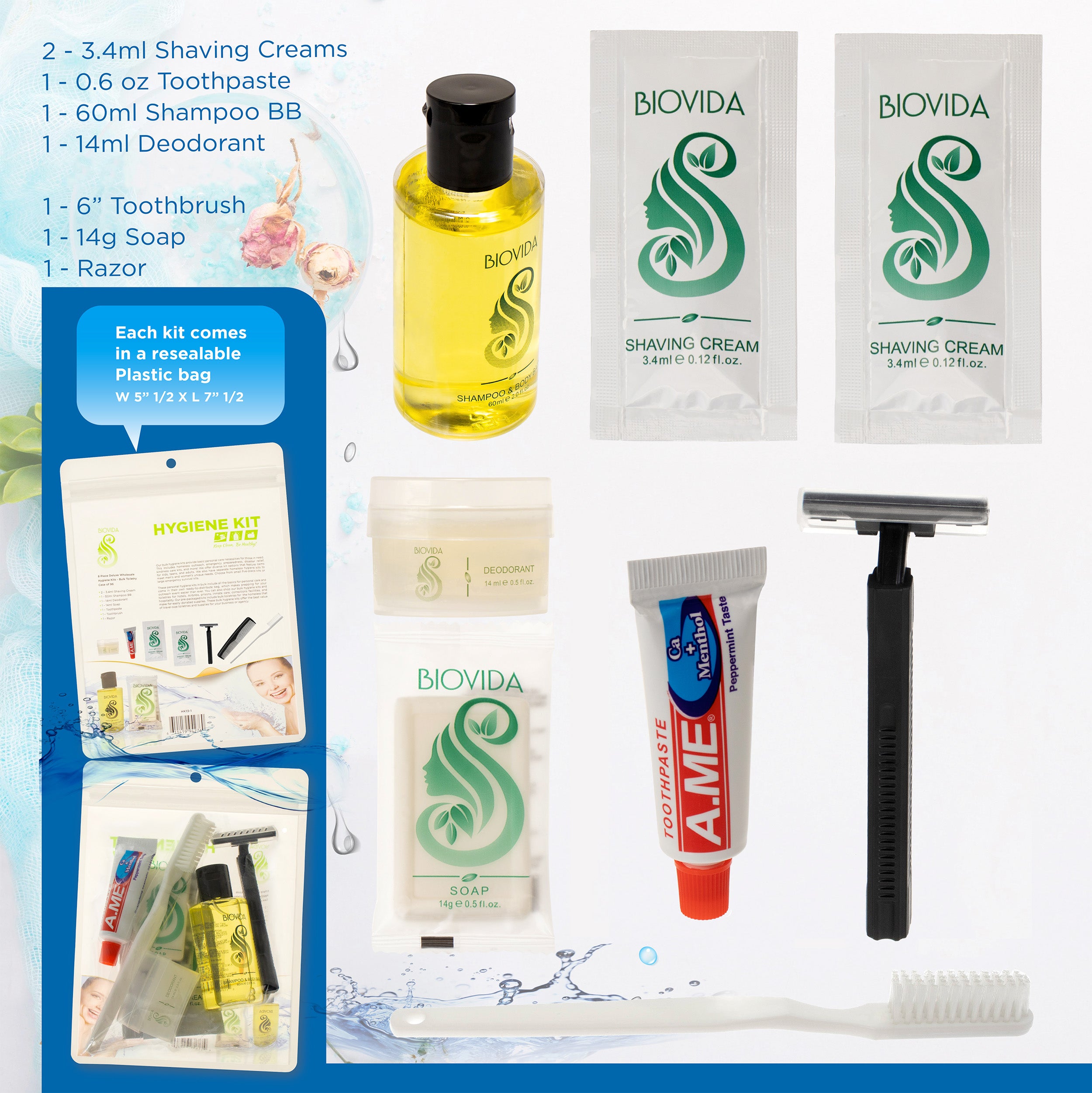 8 Piece Deluxe Wholesale Hygiene Kits - Bulk Travel Toiletries Case of 96 - Biovida Brand