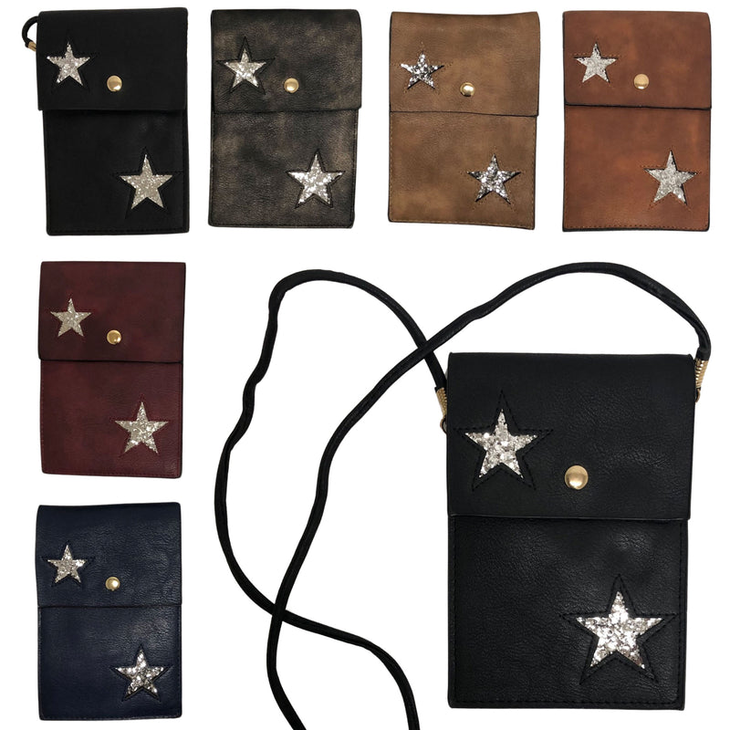 CLEARANCE MINI CROSSBODY GLITTER STAR DESIGN (CASE OF 48 - $1.75 / PIECE)  Wholesale Crossbody Bag in Assorted Colors SKU: M196-38-48