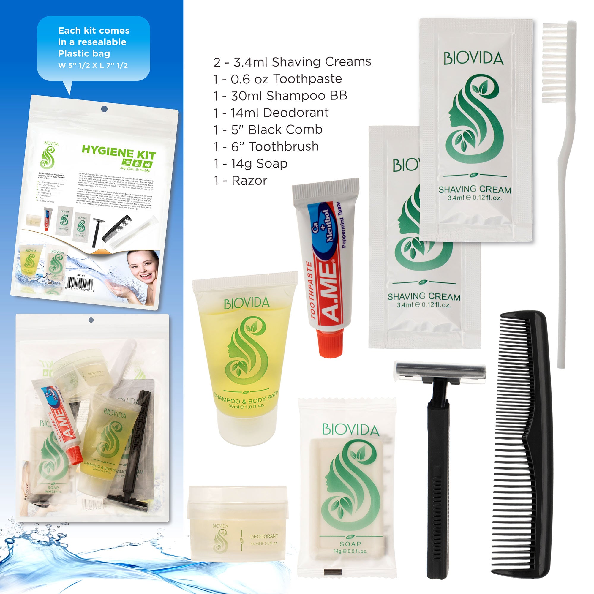 bulk hygiene kits include 9 toiletry travel supplies
