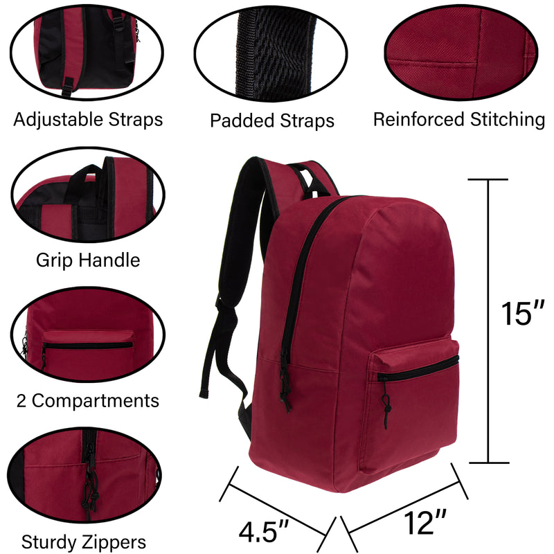 15 Kids Basic Wholesale Backpacks in 6 Assorted Colors - Bulk Case of 24 Bookbags - Moda West