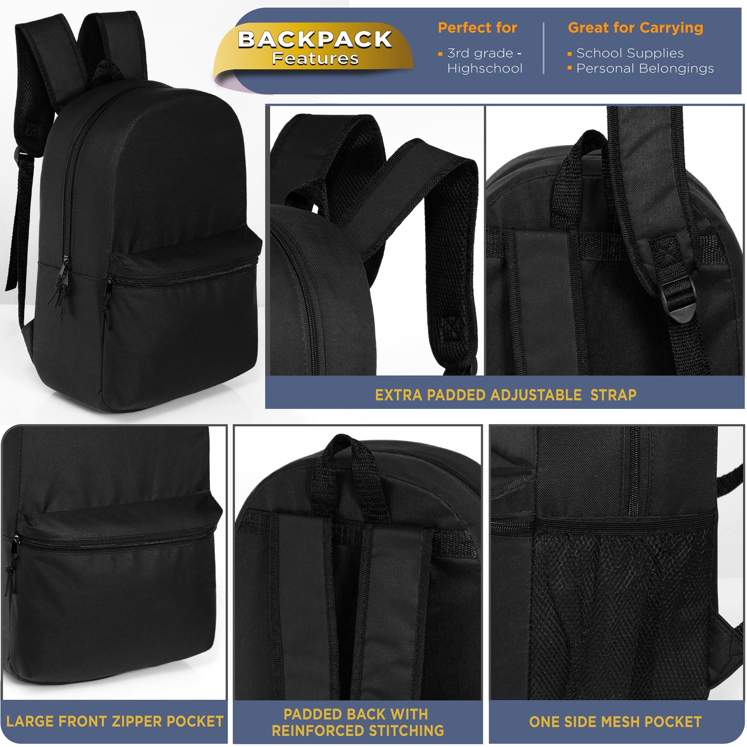 12 Wholesale Blank 18.5" Backpacks in Black & 12 Bulk School Supply Kits of Your Choice