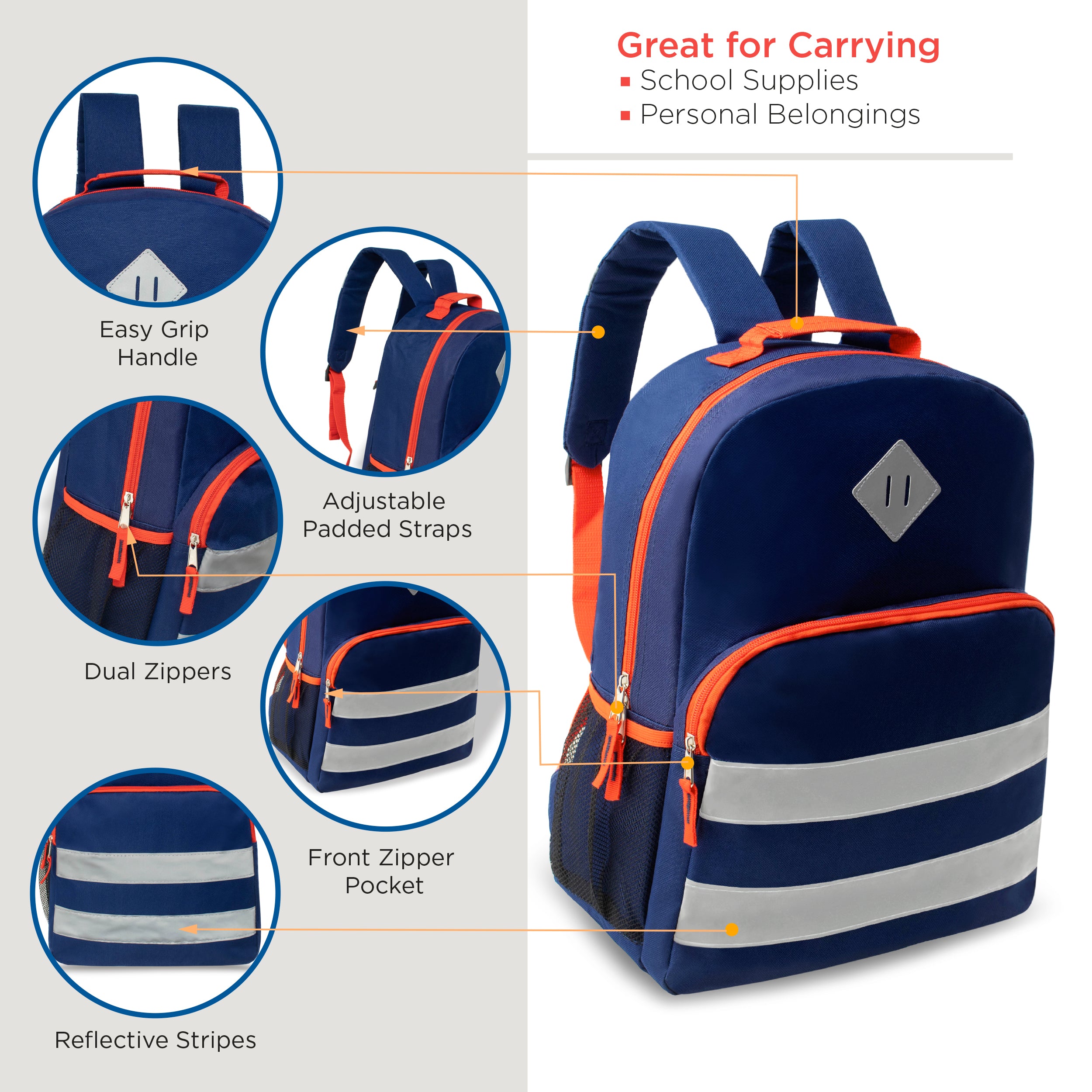 17 Inch Double Reflective Wholesale Backpack in 6 Colors - Bulk Case of 24