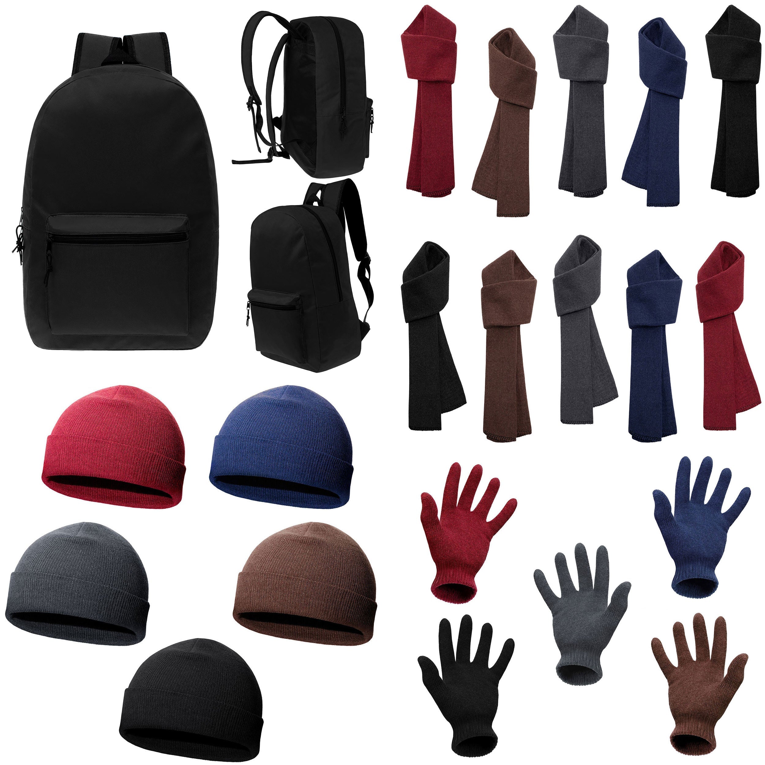 12 Black 17" Basic Backpacks & Your Choice of 12 Winter Item Sets - Wholesale Care Package: Homeless, Emergency, Charity